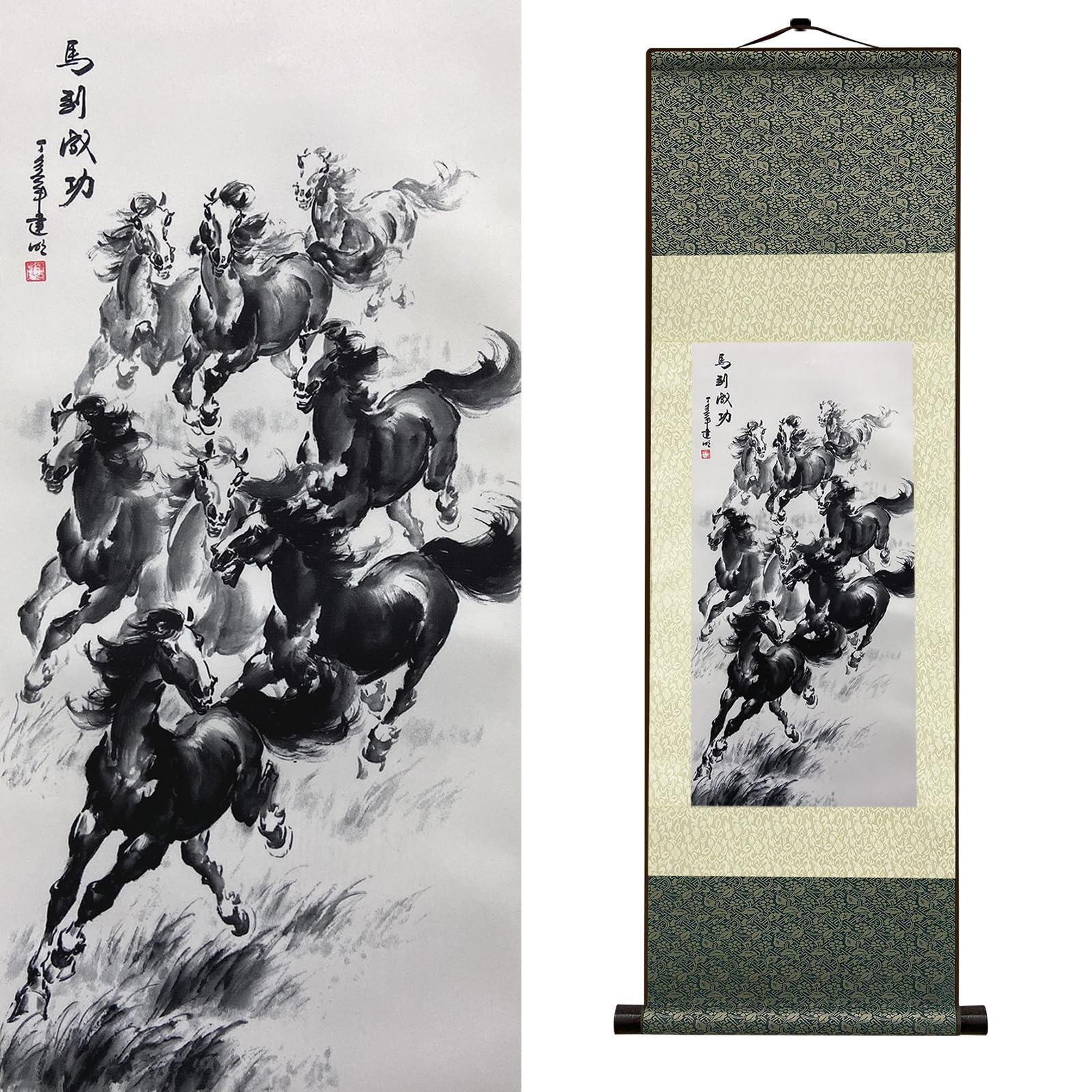 Newscz Bedroom Wall Art Silk Scroll Animal Horse Wall Painting “Galloping Horse of Victory” Posters Wall Tapestry Asian Art House Decoration for Home Living Room Lounge Decor 36 by 12 in(HJ-L002)