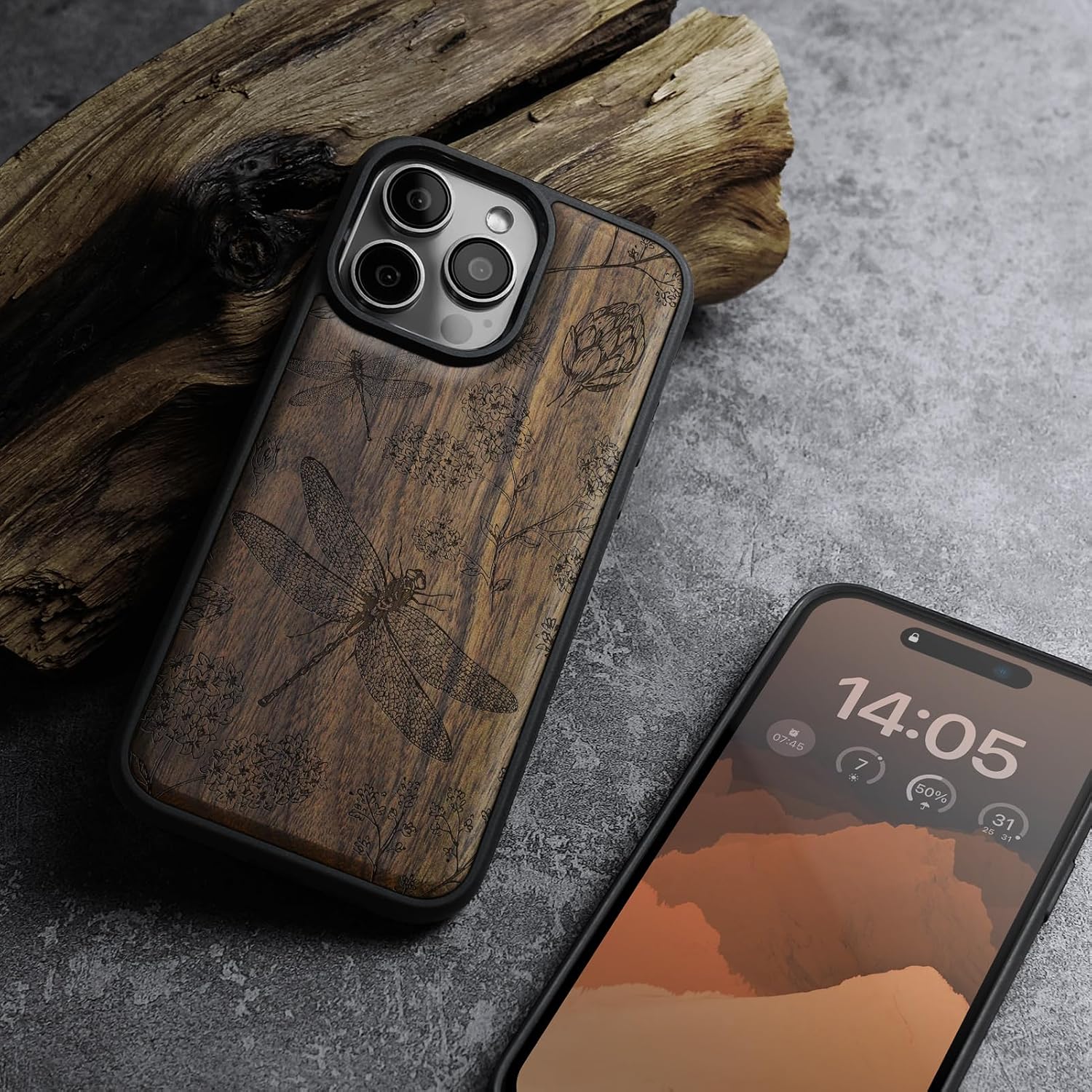 Carveit Magnetic Wooden Case for iPhone 16 Pro Max Case, Wood Artisan Engraved & Black Soft TPU Shockproof Cover, Compatible with MagSafe Wireless Chargers (The Dragonfly Dance) Walnut