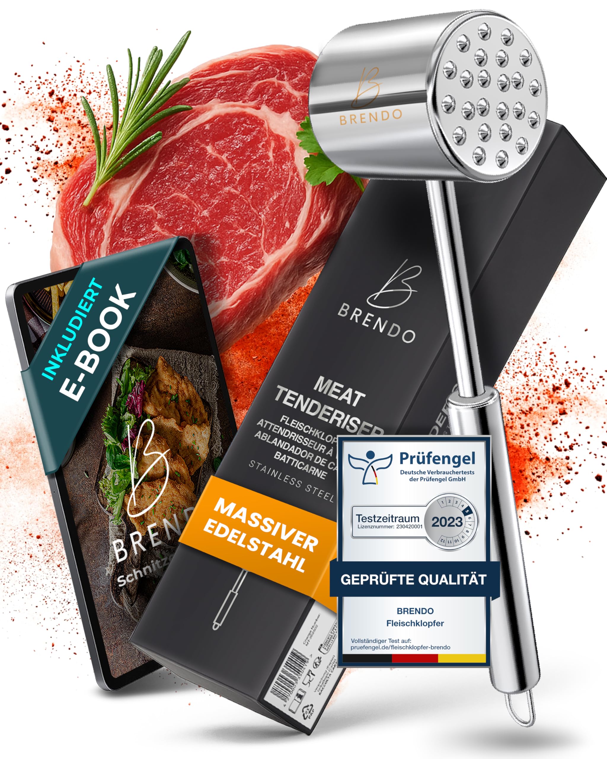 Brendo Premium Fleischklopfer aus Massiven Edelstahl I Doppelseitig mit Flacher & zackiger Schlagfläche für alle Fleischsorten I + E-Book Rezept I Spülmaschinenfest I Schnitzelklopfer