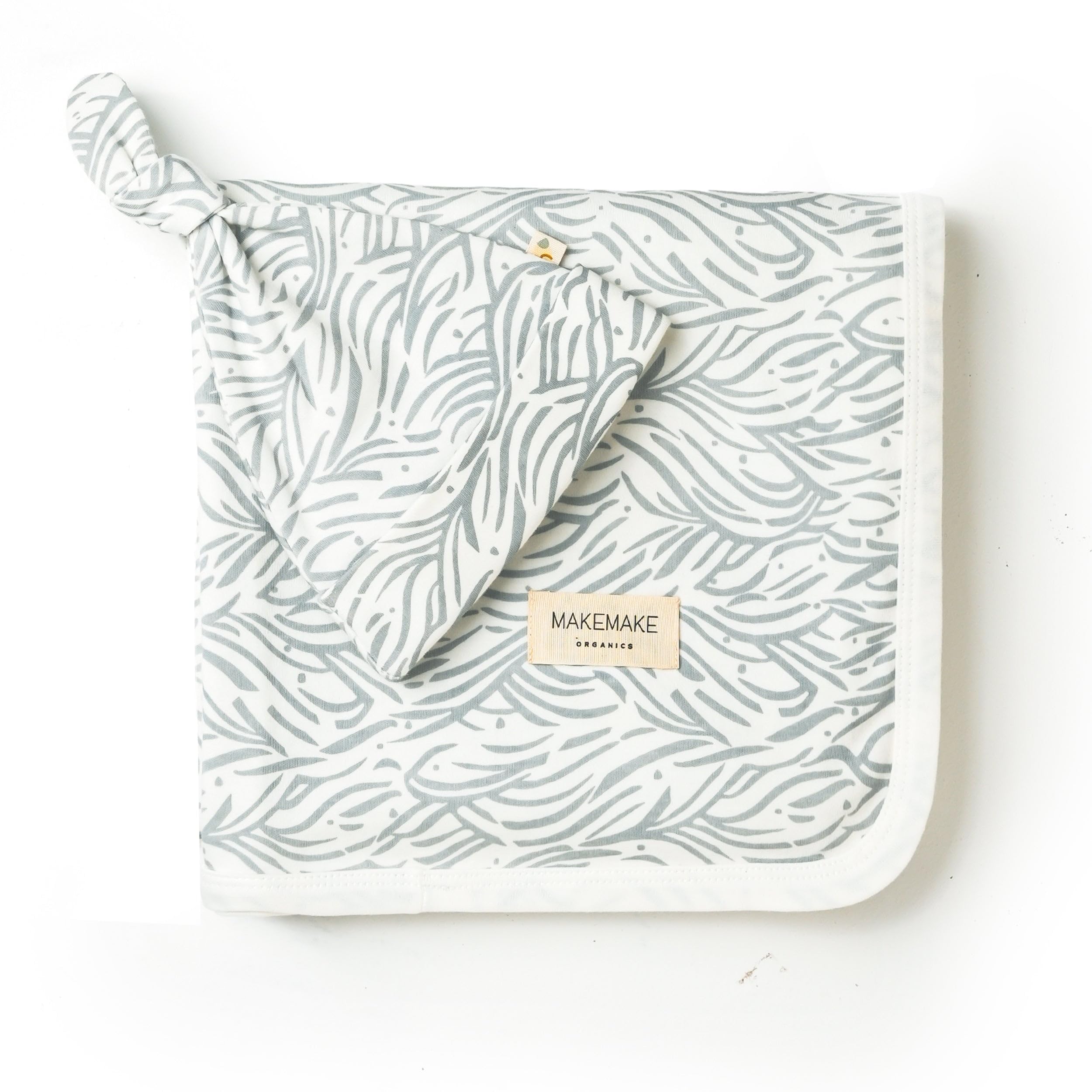 MakeMake Organics GOTS Organic Cotton Baby Swaddle Receiving Blanket Knotted Hat Large Stretchy Wrap Newborns (Waves, 40