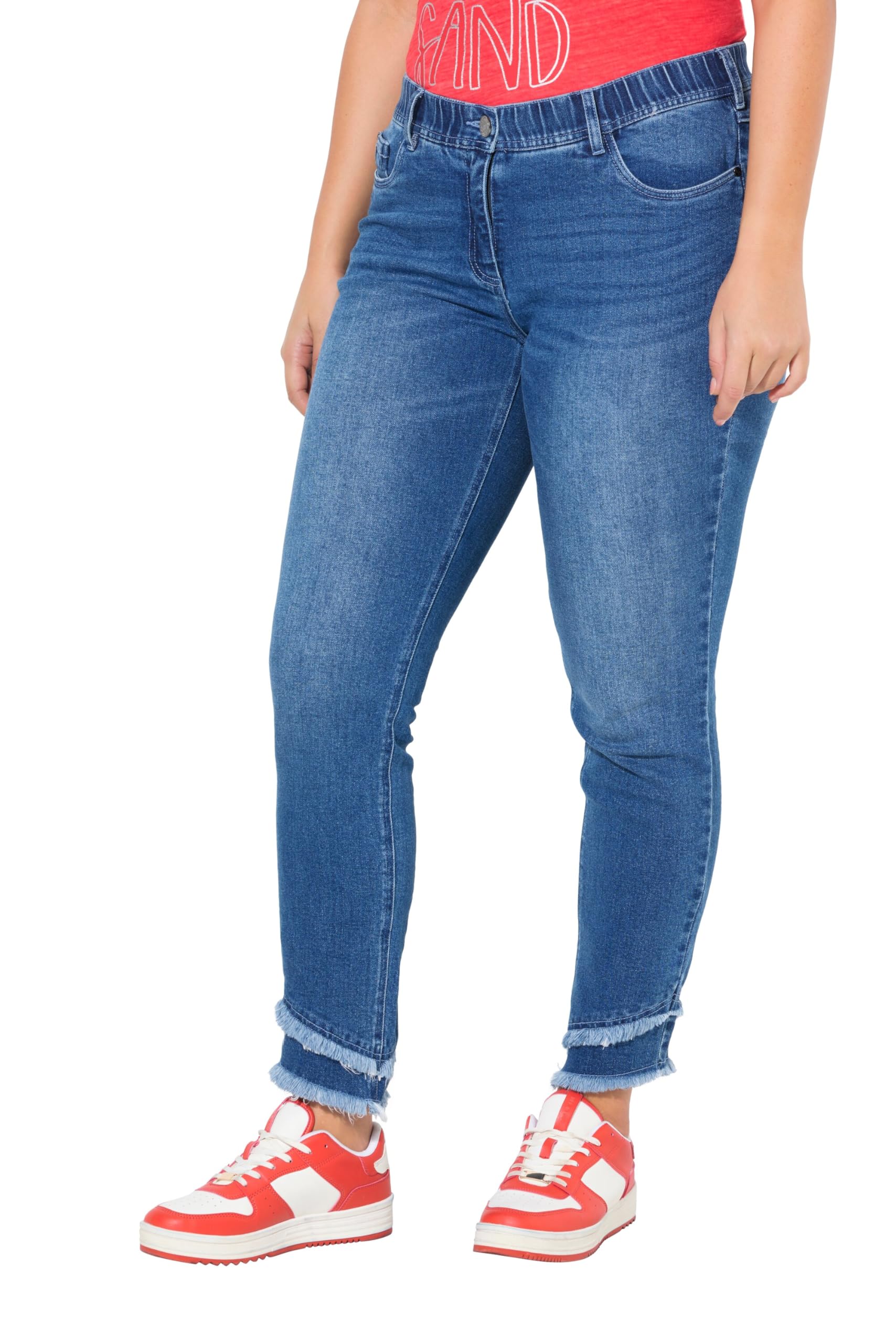 Ulla Popken Damen große Größen Übergrößen Plus Size Jeans Sarah, Fransensaum, schmales Bein, knöchellang 835210