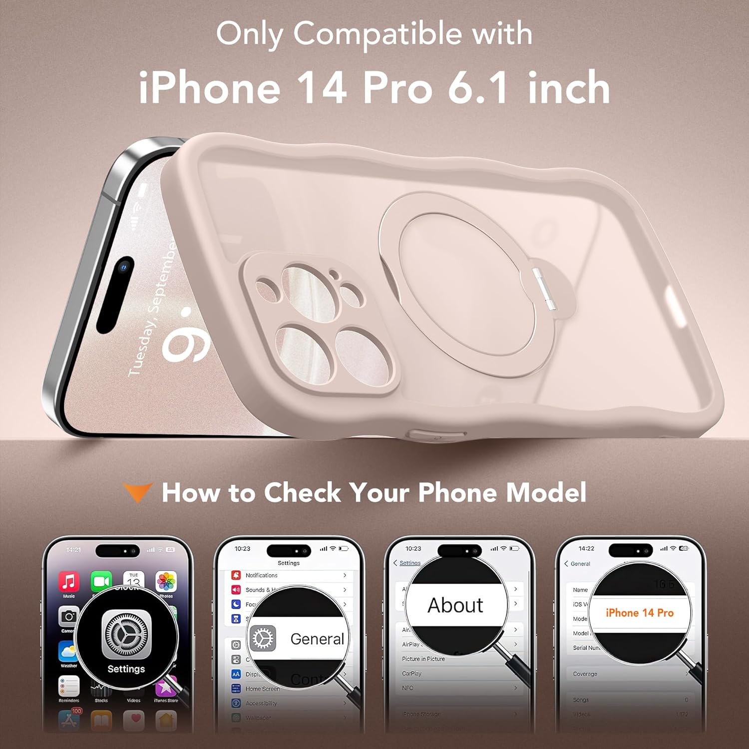 for iPhone 14 Pro Case for Women,[Compatible with Magsafe][360° Spin Magnetic Stand][Cute Wave Edge][Military-Grade Protection] Translucent Matte Phone Case for iPhone 14 Pro, Rose Gold - Image 2