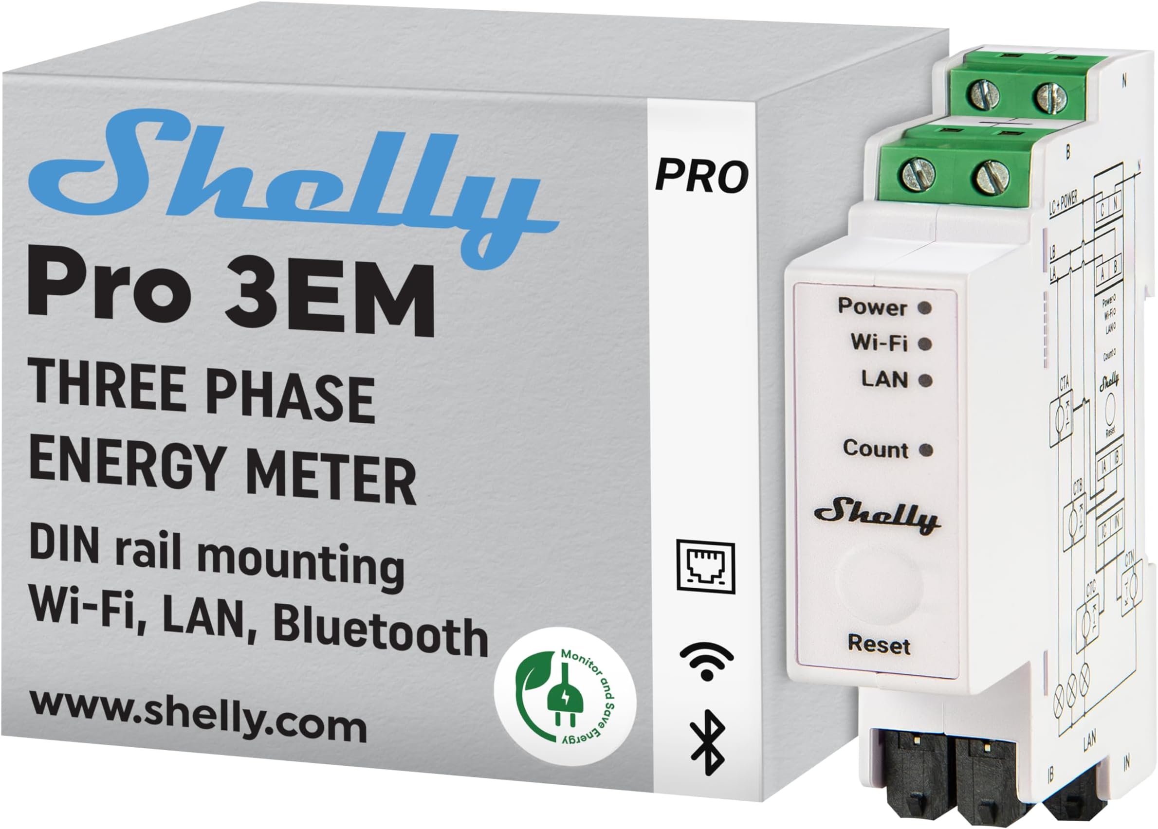 Shelly Pro 3EM (120A) | Wi-Fi & LAN, 3-Phase Smart Energy Meter | 2-Way Consumption | Home Automation | Bluetooth Gateway | Compatible with Alexa & Google Home | No Hub Required | Solar Panels