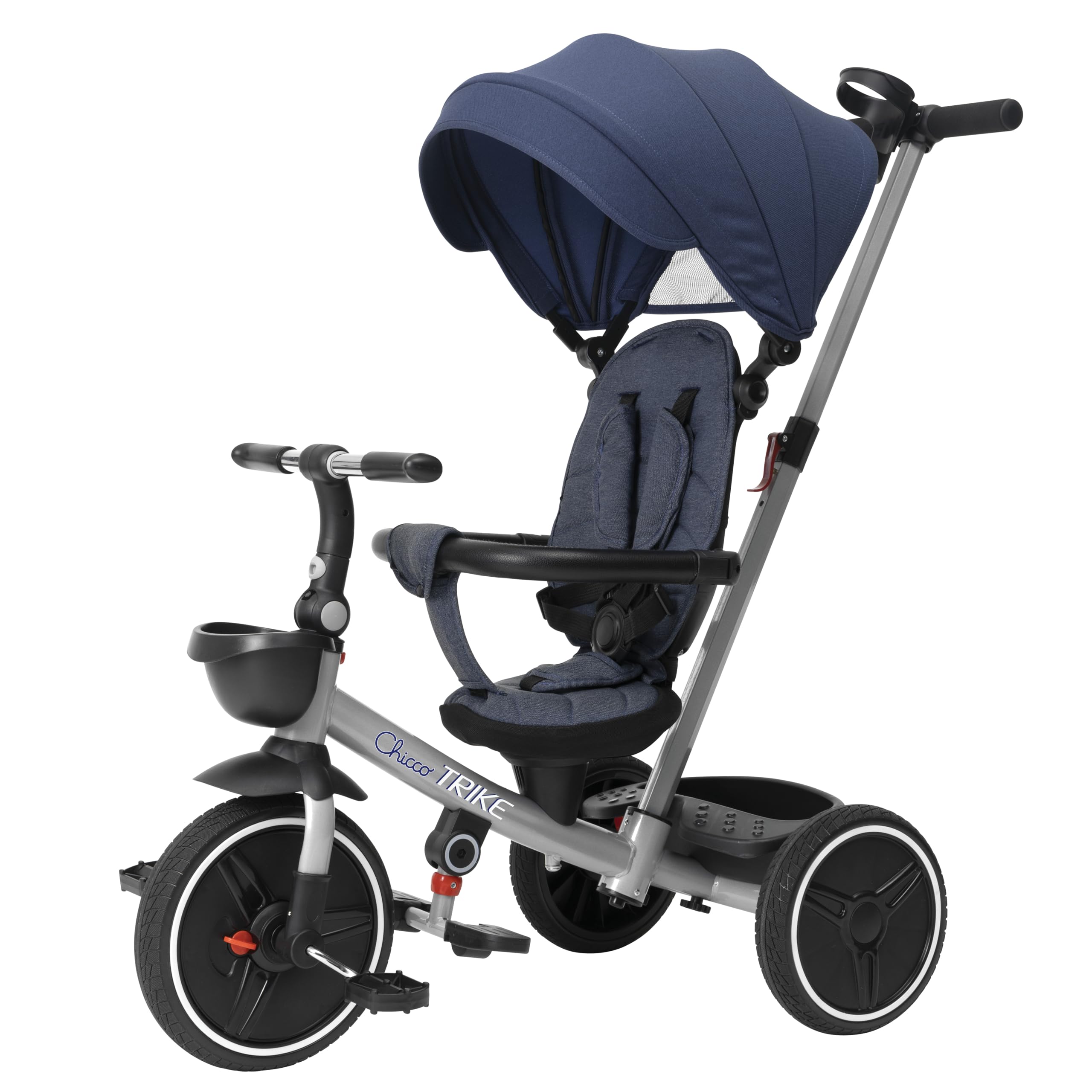 Chicco Tricycle Evolutif pour enfants 4en1, Cadre en métal, Roues en caoutchouc EVA, Harnais 4 points, Poignée télescopique et capote amovible, Poussette avec siège réversible, Paniers, 6 mois-​5 ans
