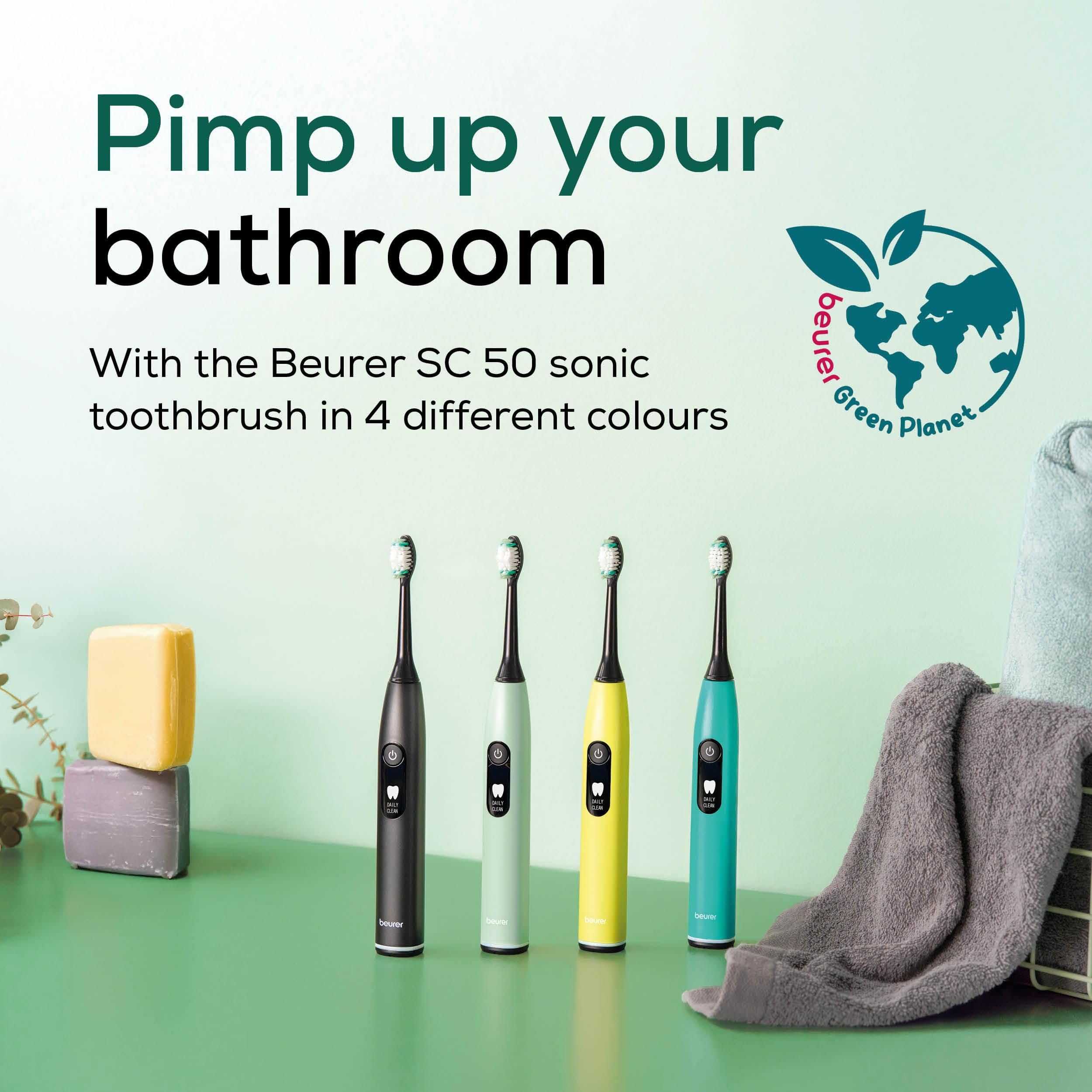 Beurer SC 50 - Cepillo de dientes eléctrico sónico con 5 modos de cepillado y sensor de presión, 80.000 vibraciones, pantalla con indicador de tiempo de cepillado, incluye 2 cabezales de cepillo