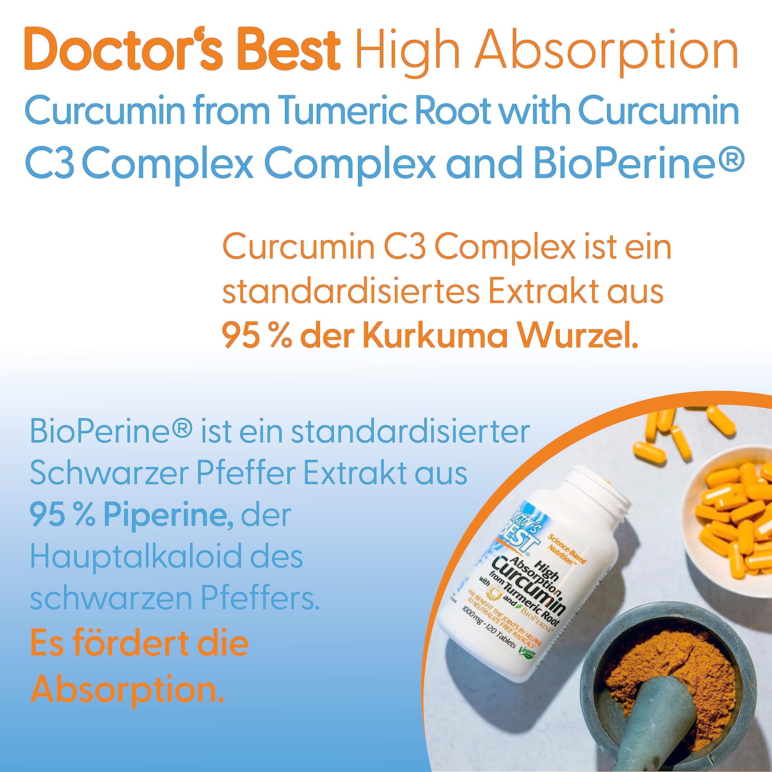 Doctor's Best, High Absorption Curcumin, 1.000mg, 120 vegane Tabletten, Laborgeprüft, Kurkuma, Glutenfrei, Sojafrei, Vegetarisch