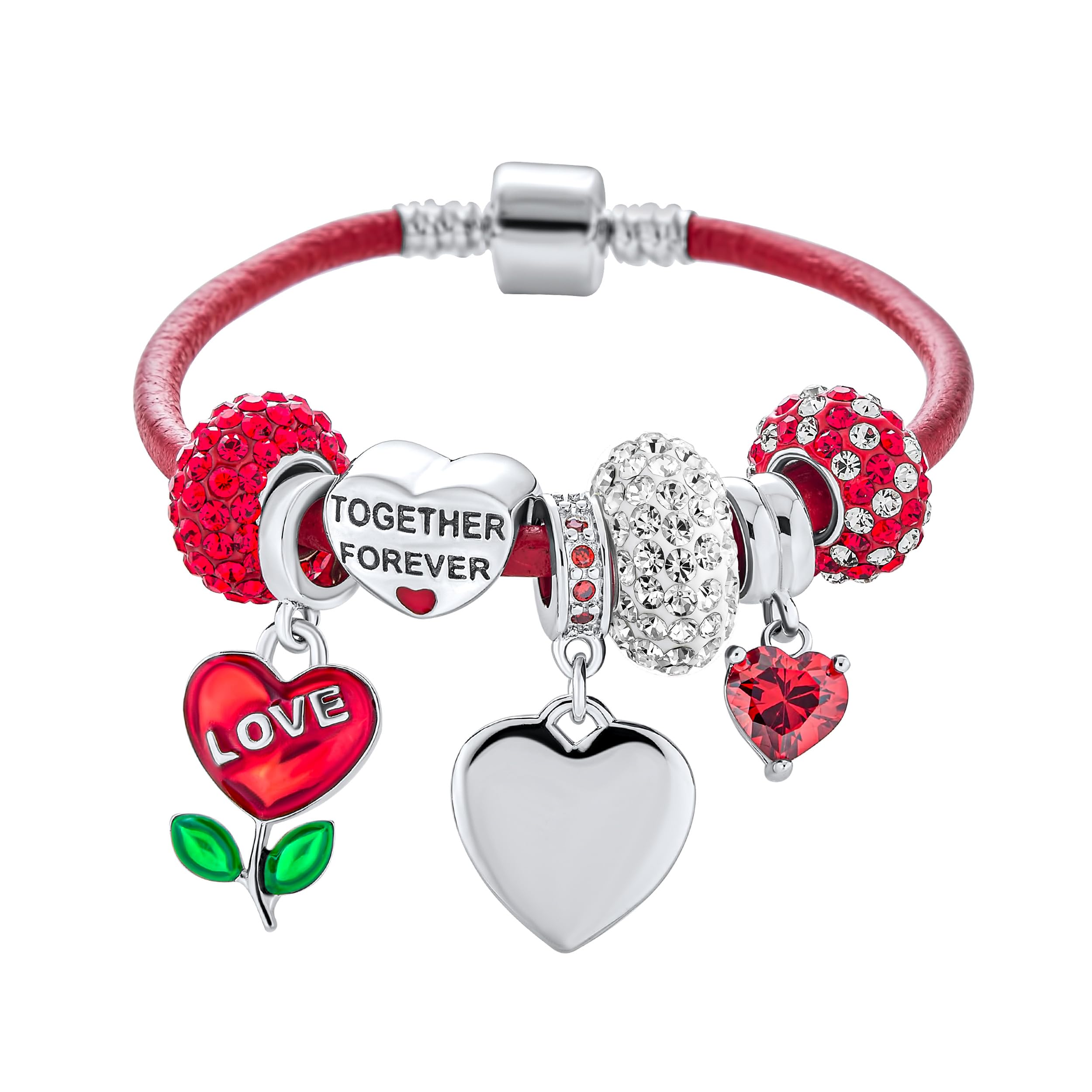 Bling Jewelry Brazalete De Abalorios Multicharm Para Mujeres Con Tema De Labios Besándose Amantes Corazón Rojo De San Valentín Esposa Nueva Madre Cadena De Serpiente De Plata Esterlina .925