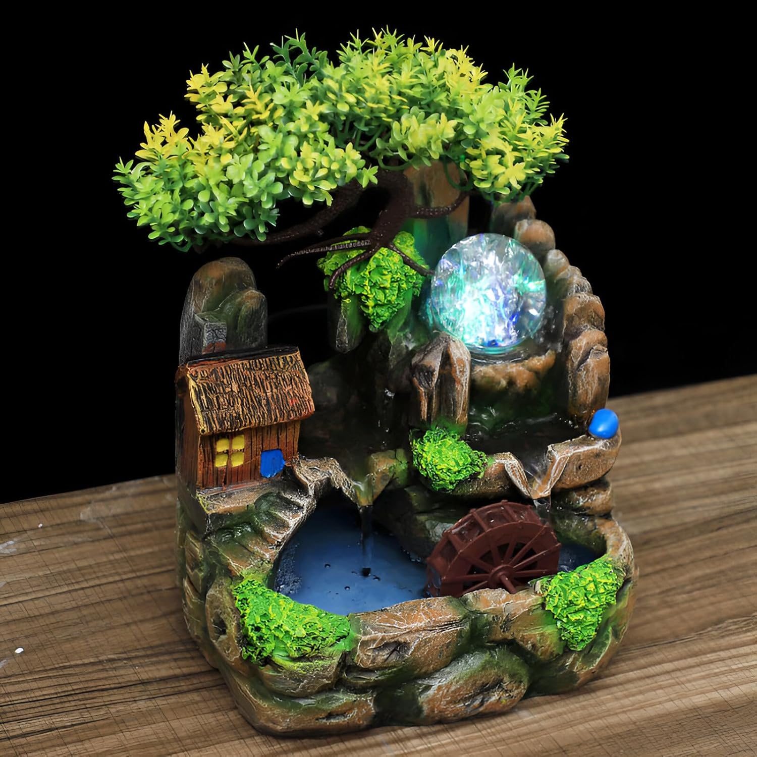 10.63" Indoor Tabletop Fountain with LED & Mist, Zen Waterfall Decor with Crystal Ball + Free 10 Natural Crystals(Non-misting)