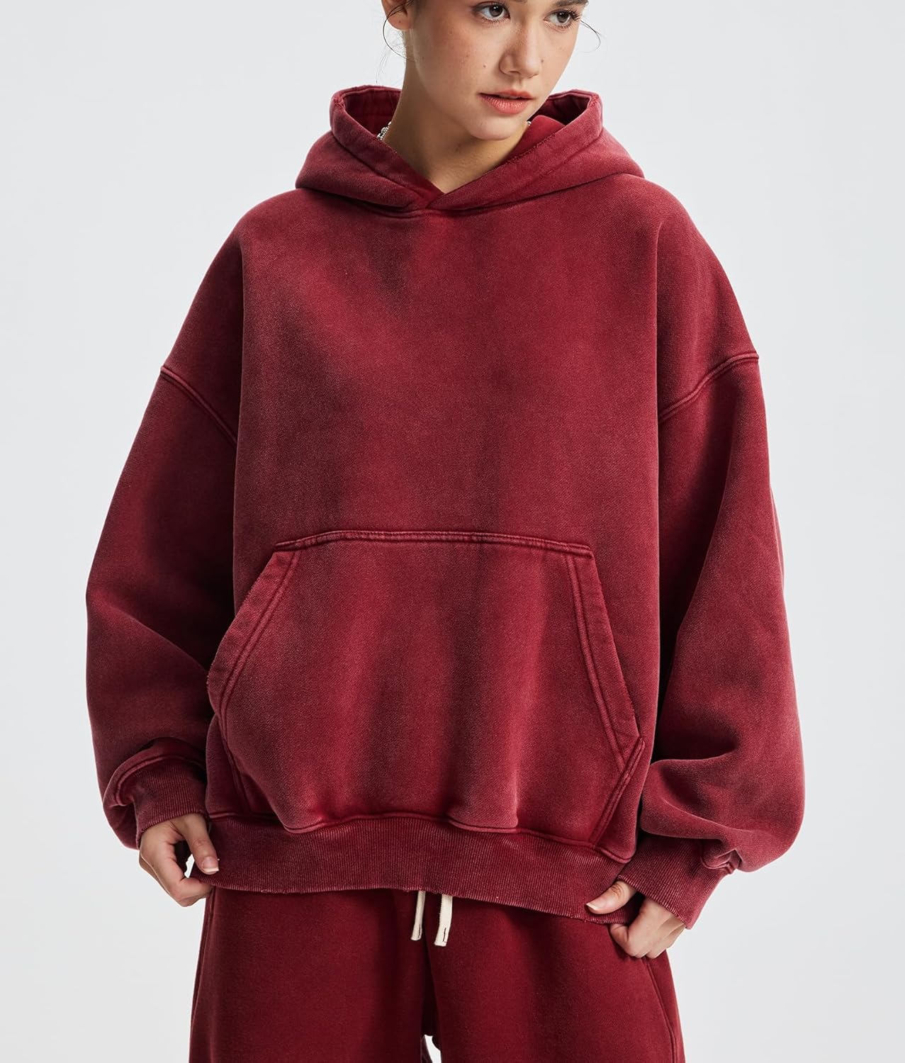 Womens Acid Wash Oversized Hoodie Unisex Couples Heavyweight Fleece Vintage Hoodies Baggy Pullover Sweatshirt - Image 3