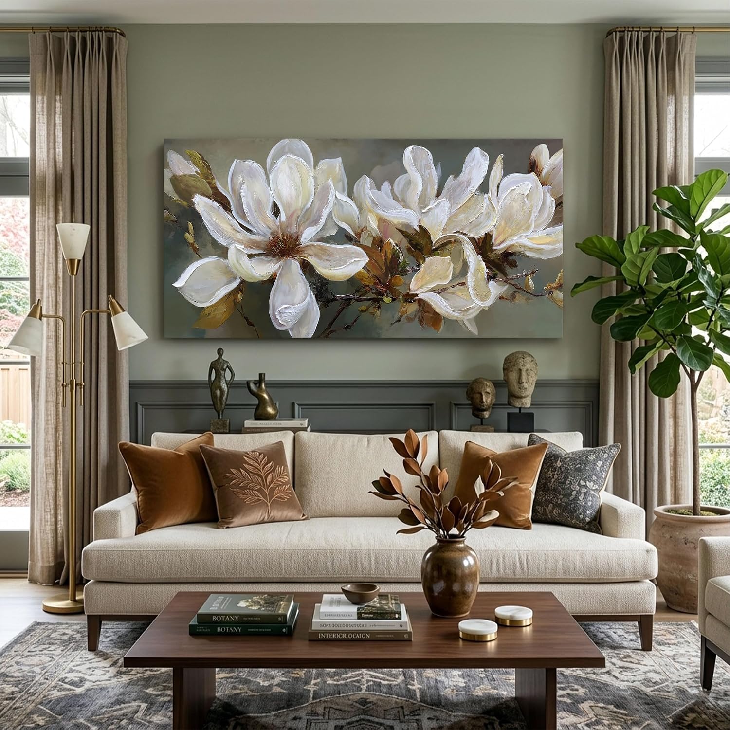 Flower Wall Art - Large Textured Floral Canvas Paintings for Living Room Decor, White Flower Pictures Wall Art, Vintage Wall Art for Living Room, Flower Pictures Wall Decor 24×48In