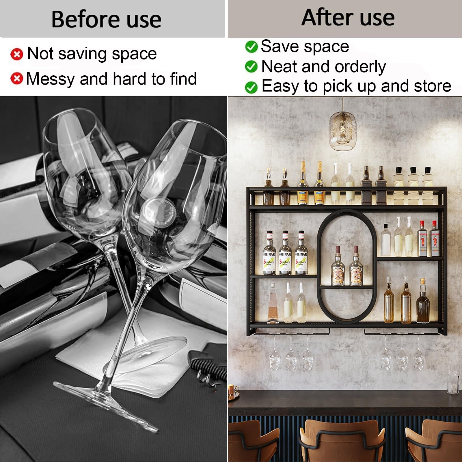 ISCBAFYX Pływający metalowy stojak na wino z oświetleniem LED Półki do montażu na ścianie na szklanki i butelki z alkoholem Półka o dużej pojemności lub dekoracja kuchenna Czarny/złoty