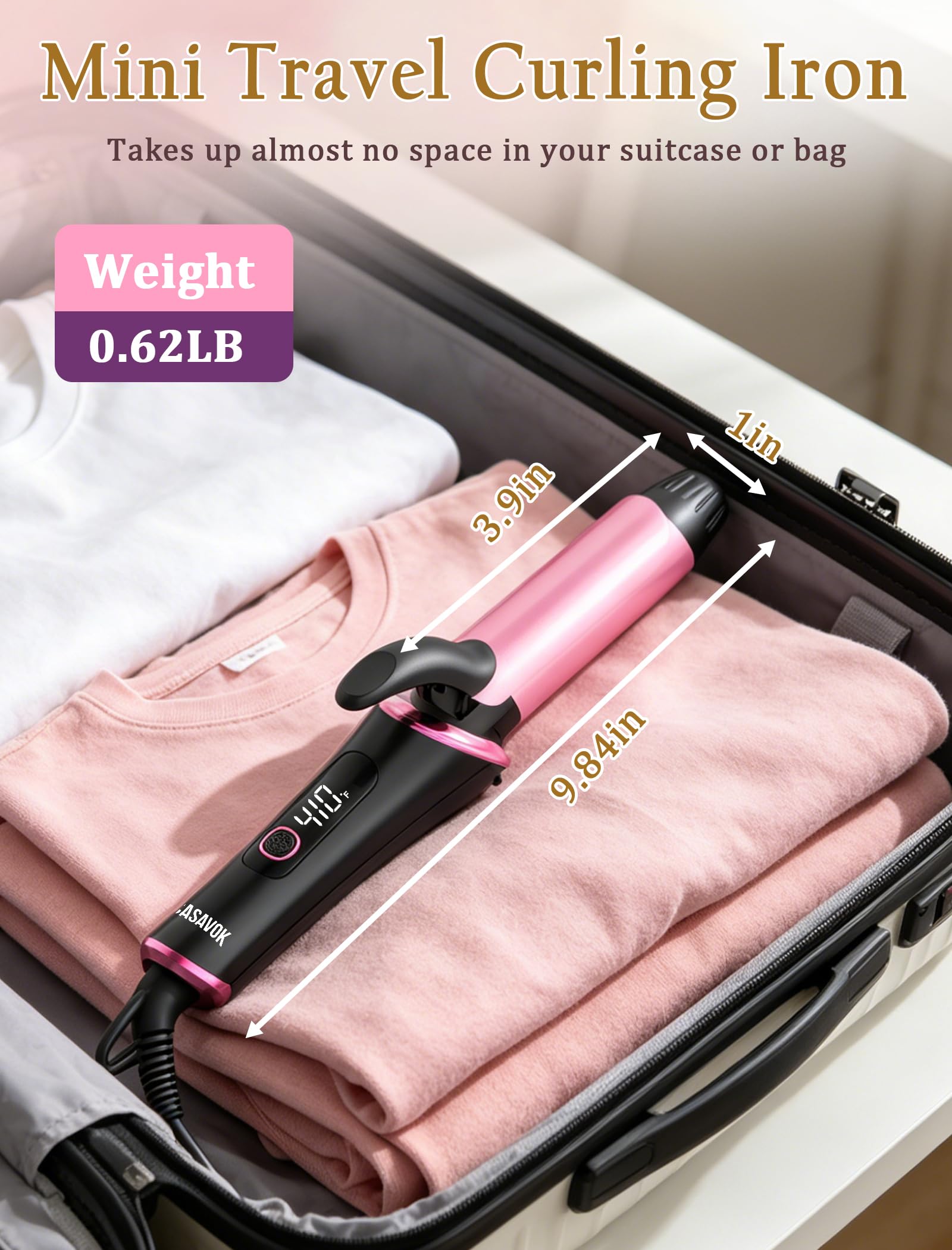 Pink Dual Voltage Travel Curling Iron with Ceramic Tourmaline Barrel