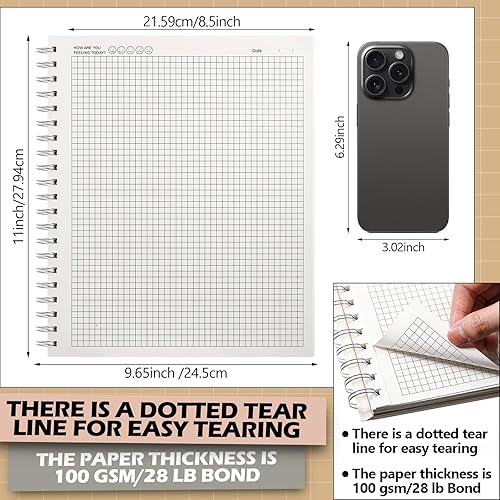 Miniatura 2 de Paquete de 4 cuadernos de papel cuadriculado A4 de 8.5 x 11 pulgadas, cuadrícula grande en espiral, 200 páginas, 100 GSM de grosor, 0.197 in,