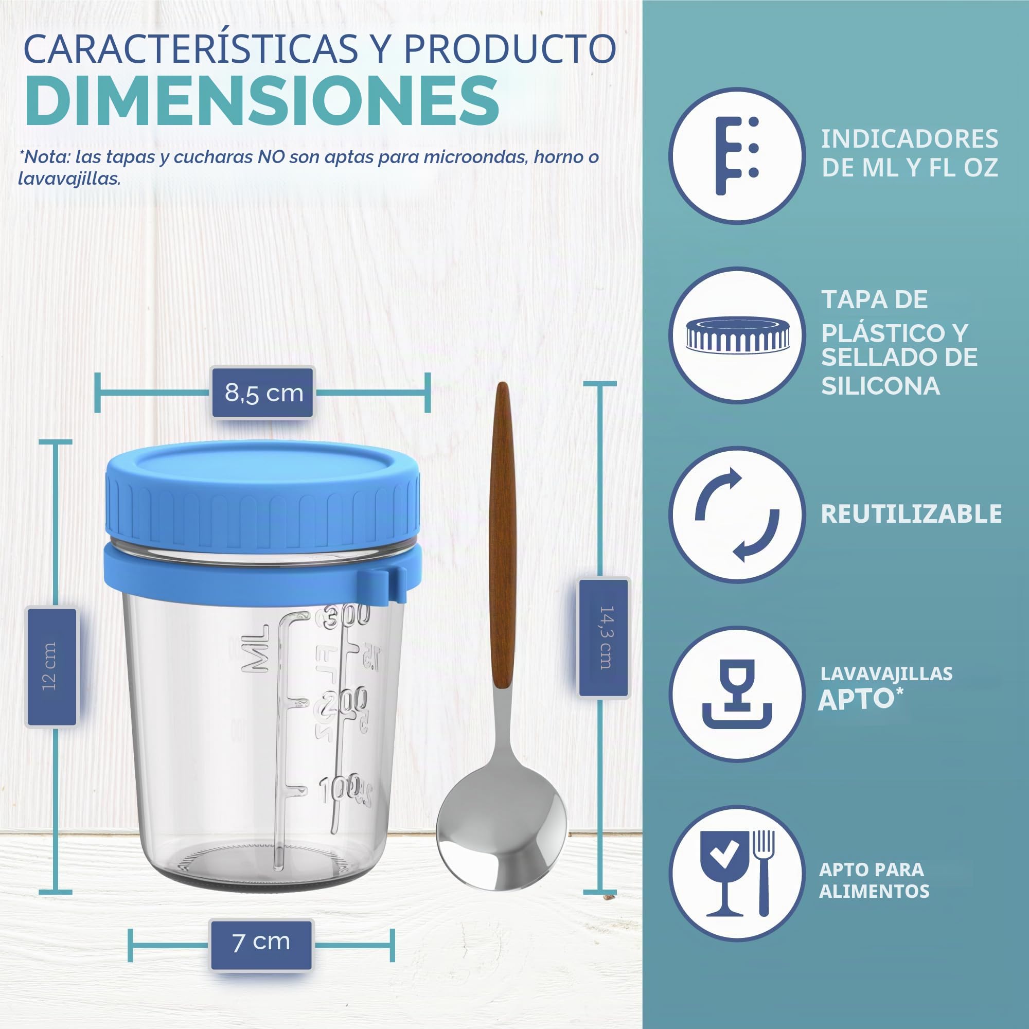 HEFTMAN Tarros de vidrio para avena nocturna con tapas, paquete de 4 tarros de avena nocturna de 350ml con cucharas y tapas de plástico coloridas herméticas, ollas de desayuno seguras para alimentos