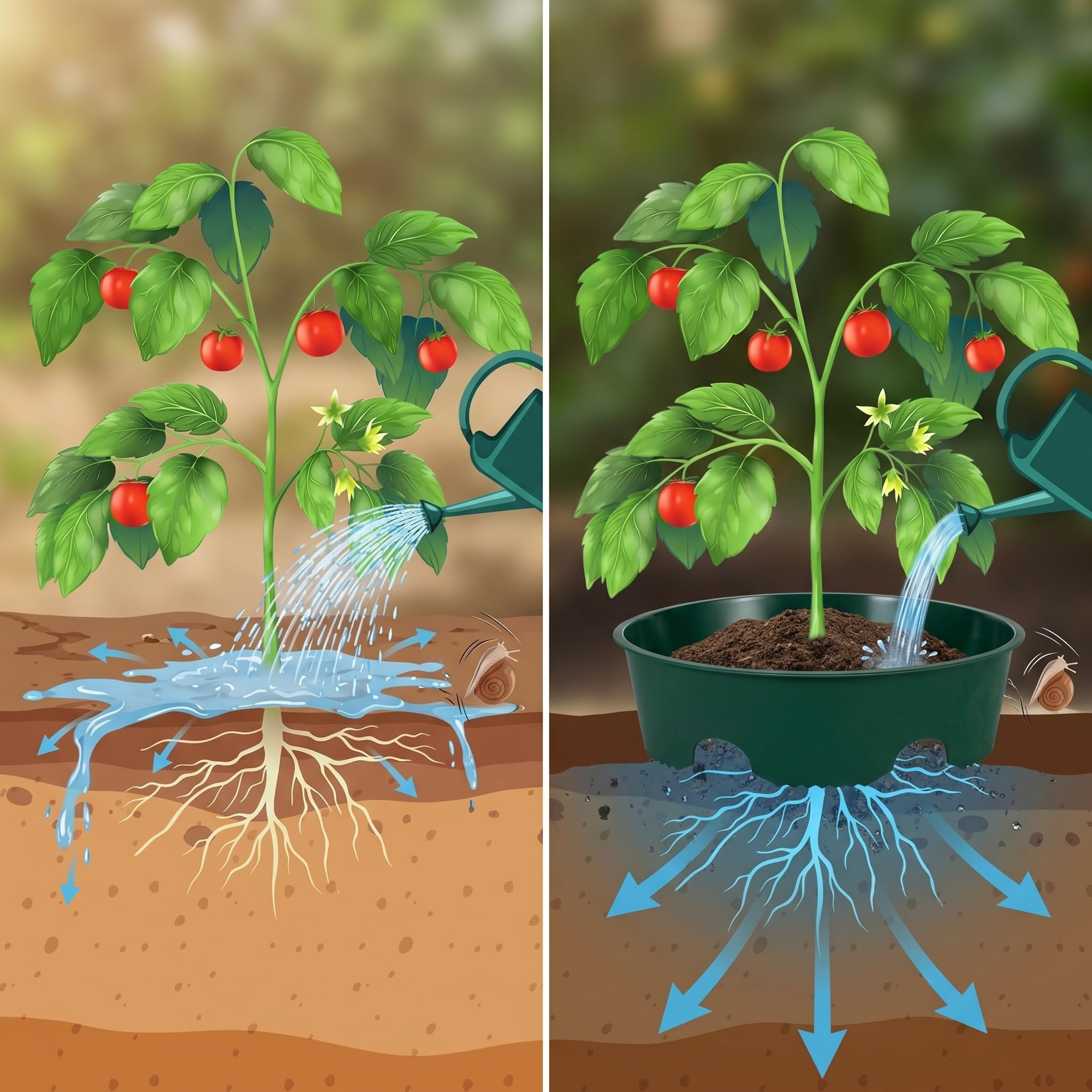 6er Set Pflanzringe und Bewässerungsring Ø 22 cm, Gießhilfe für Pflanzen, Pflanzring als Schneckenschutz und Schutz vor Frost, Bewässerungssystem für Gewächshaus und Garten
