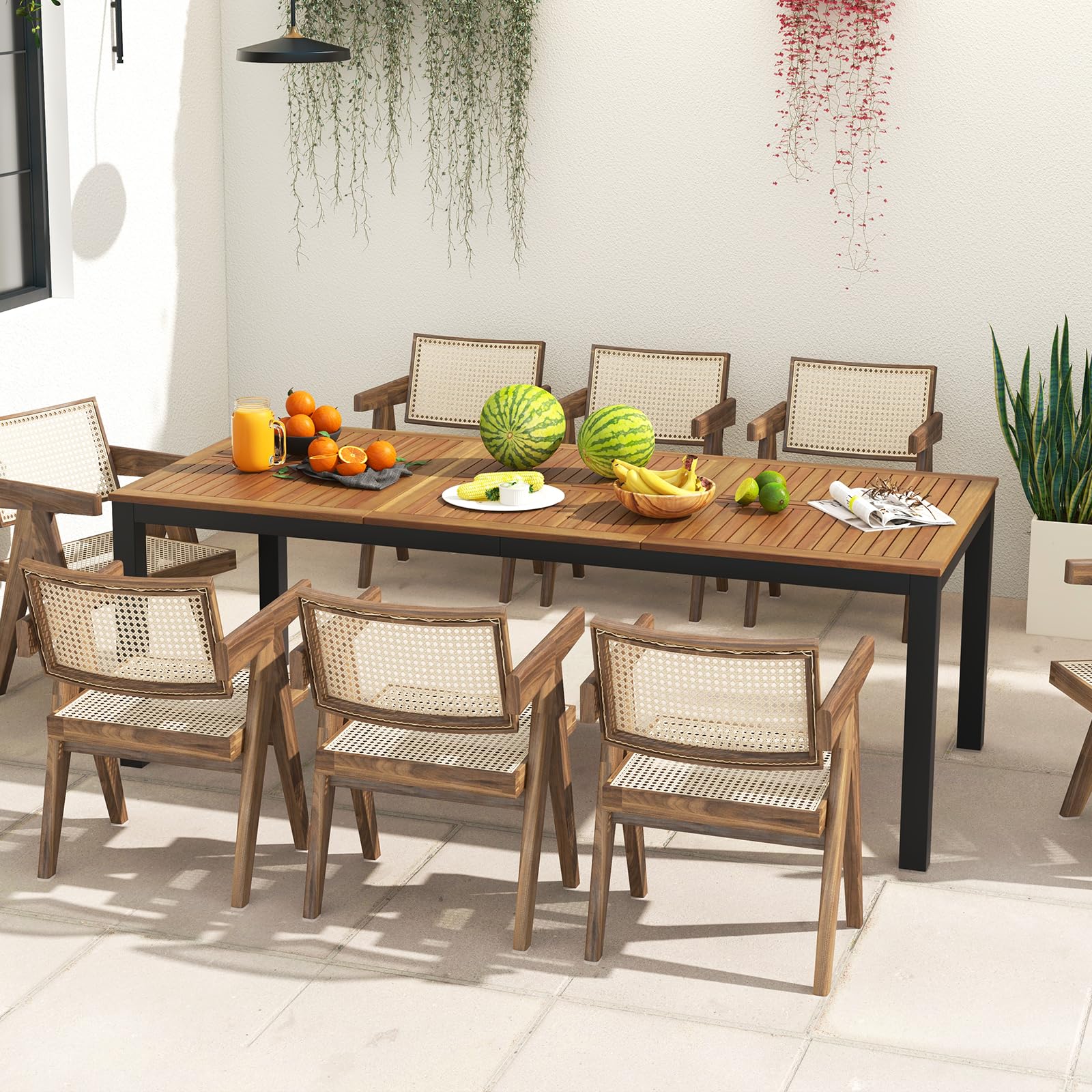 COSTWAY Table de Jardin 200 CM 8 Personnes, Table Exterieur en Bois d’Acacia avec Trou de Parasol, Pieds Métal