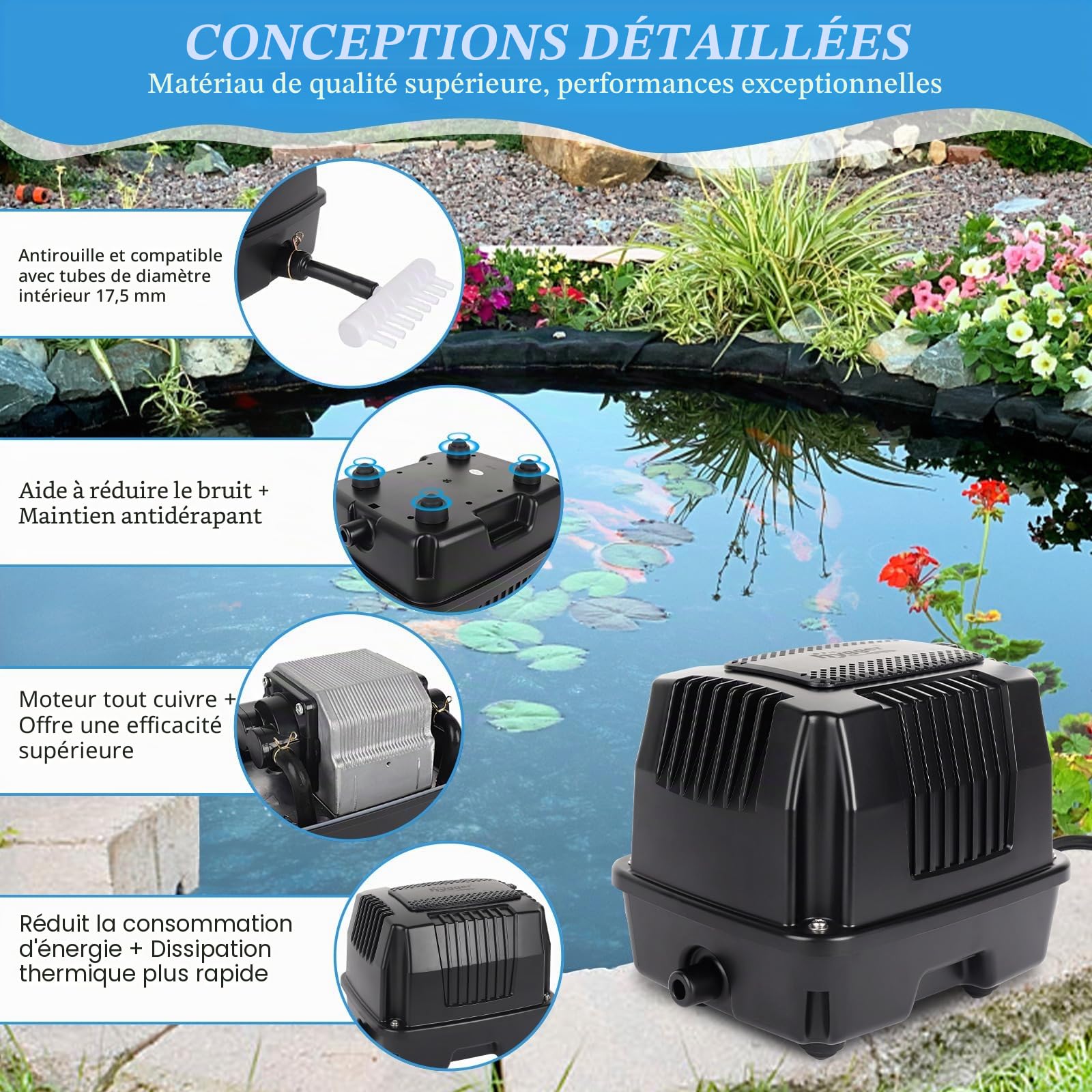 hygger Pompe à Air pour Bassin,25W Puissantes Aérateur Bassin,Silencieuses Pompe à Air pour Bassin Extérieur avec Conversion Connecteur,Fish Pond Air Pump for Fishing Yacht,Fish Farm and Hydroponic