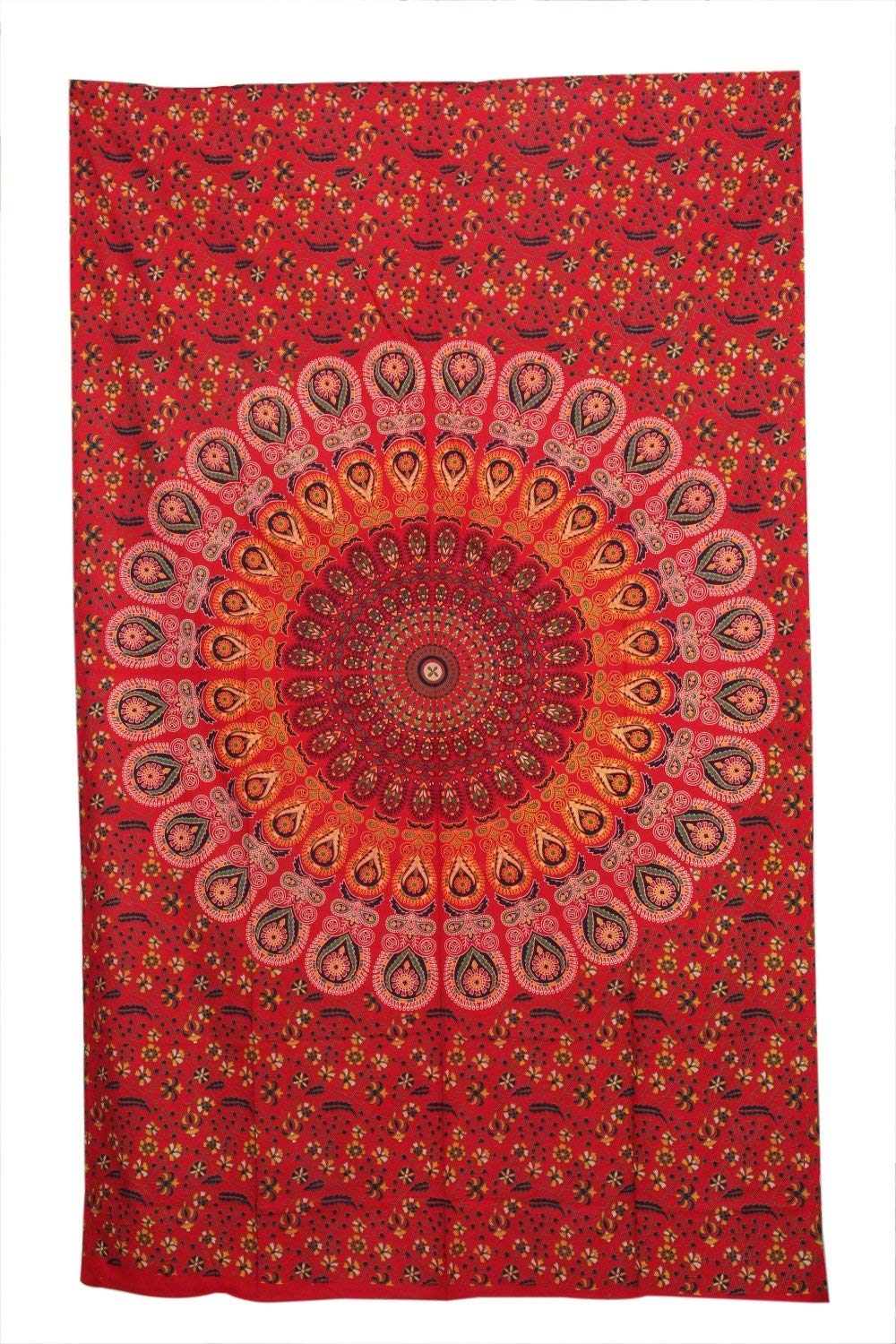 RadhykrishnafashionsRadhykrishnafashions Indian Hippie Gypsy Bohemian Psychedelic Cotton Mandala Wall Hanging Tapestry Multi Color Twin Mandala Hippie Tapestry (Twin (84x54 Inches)) (Red)