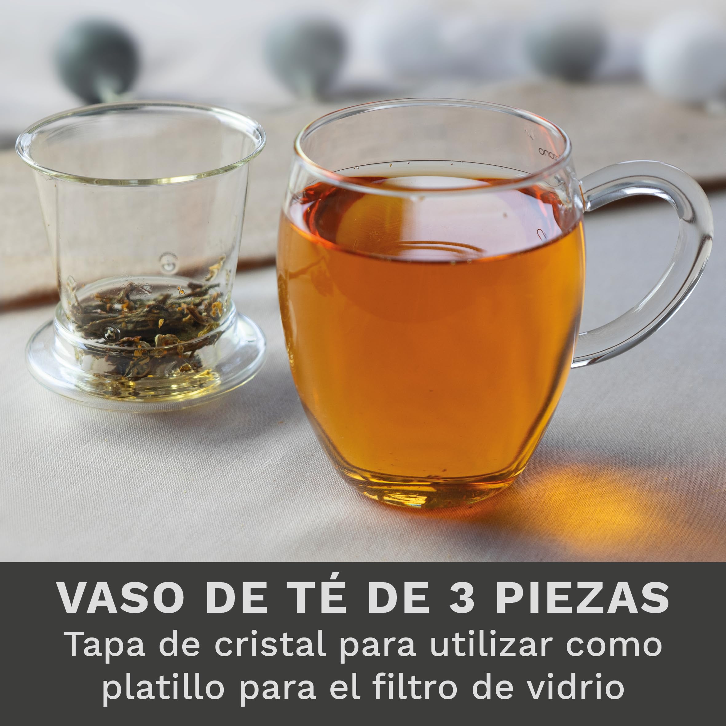 Creano Vaso de Té All-In-One de Vidrio de Borosilicato con Filtro de Vidrio und Tapa 400ml – Juego de 1