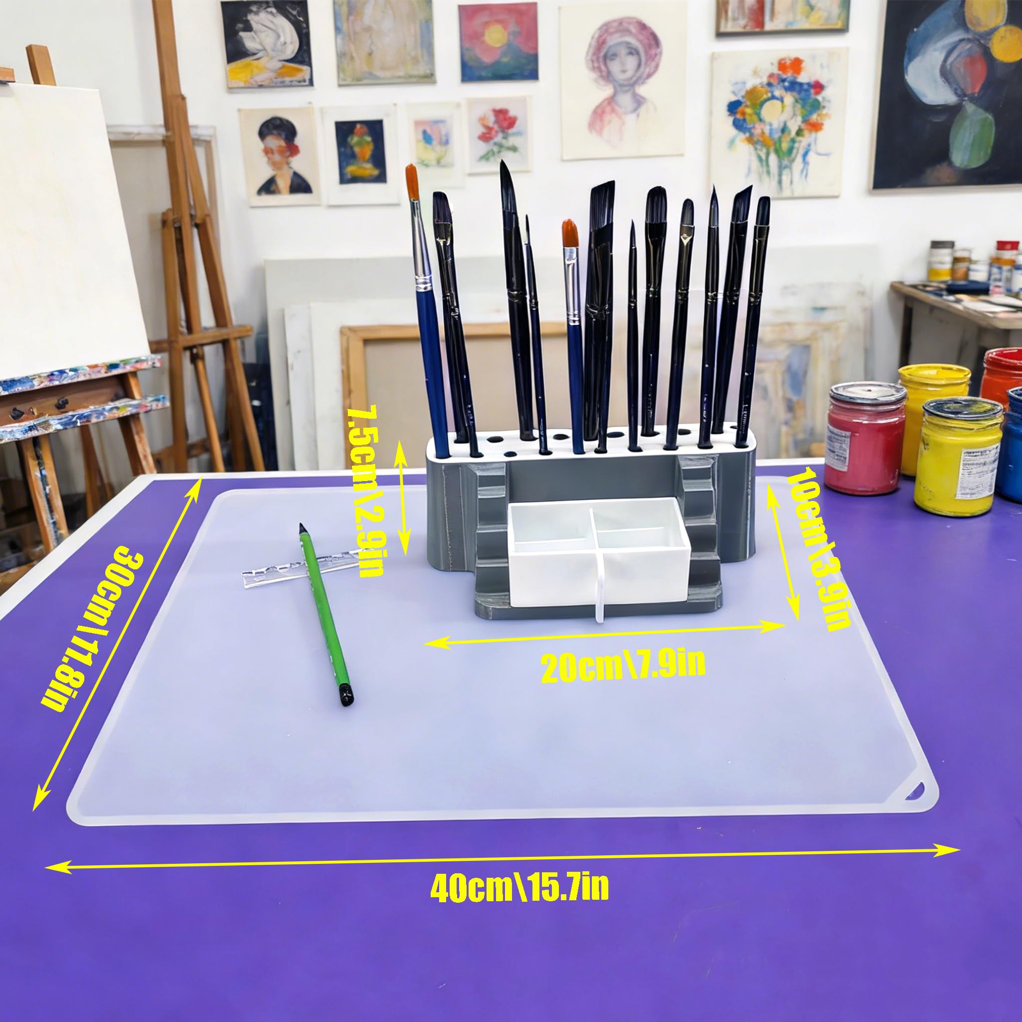 Set per pennelli da pittura, robusto organizer con vassoio per penne e cuscinetto a prova di perdite, ideale per artisti, hobbisti e artigiani (rettangolare)