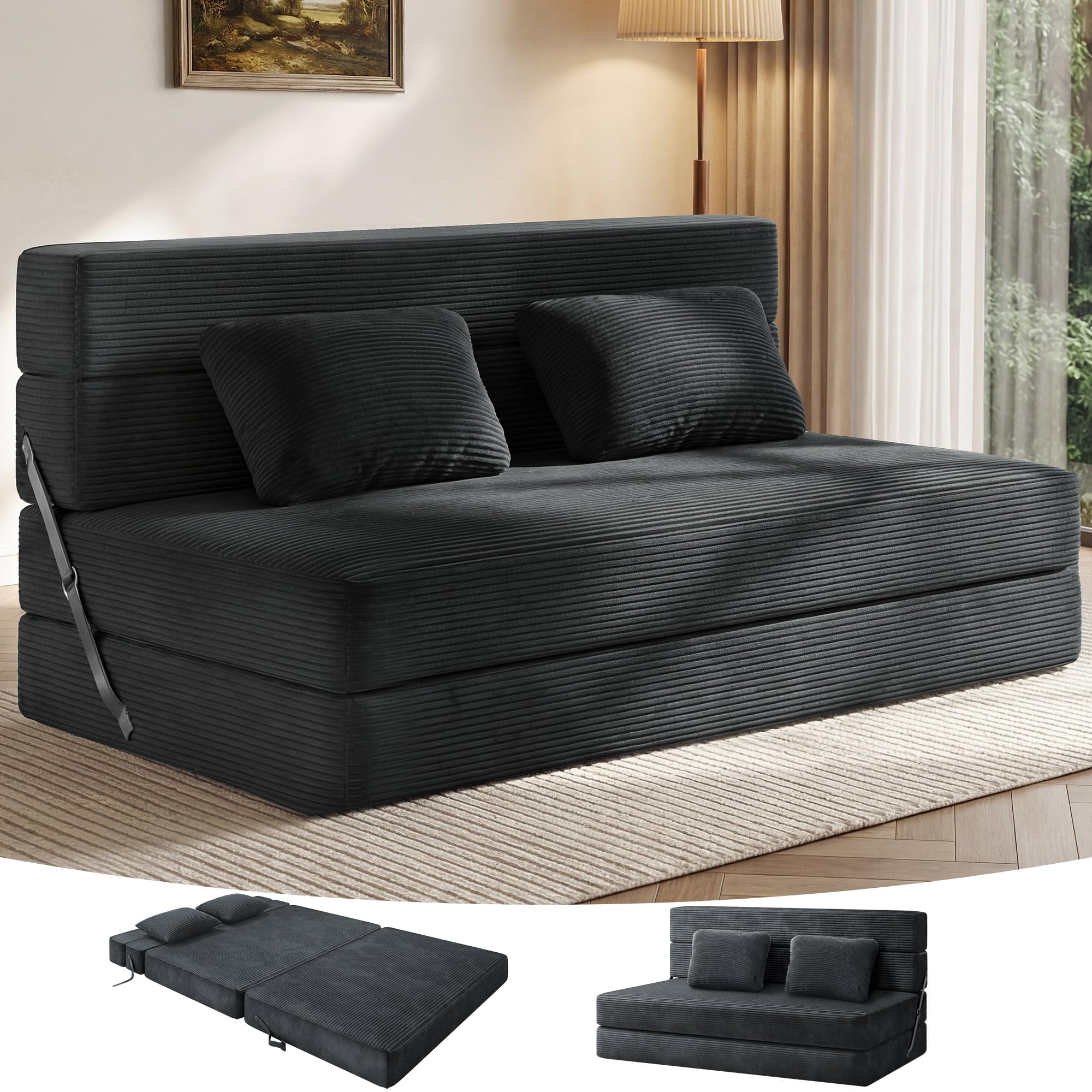 YITAHOME Convertible Sofa Bed | Floor Futon Couch with Corduroy Cover & High-Density Memory Foam, Folding Chair Bed for Dorms Guest Room and Apartment, Queen