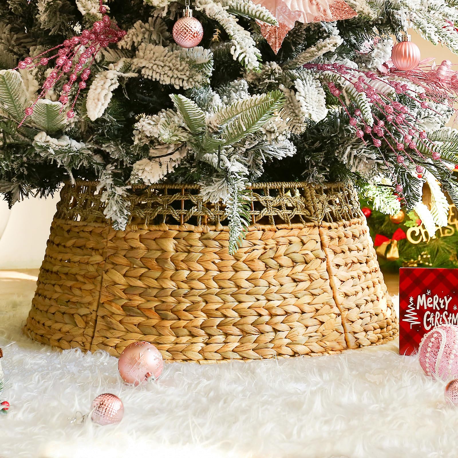 Joyhalo Christmas Tree Collar, 25.5in Wicker Skirt for 7.5 ft Rustic Woven Pencil Artificial Tree, Xmas Basket, Farmhouse Rattan Base Cover