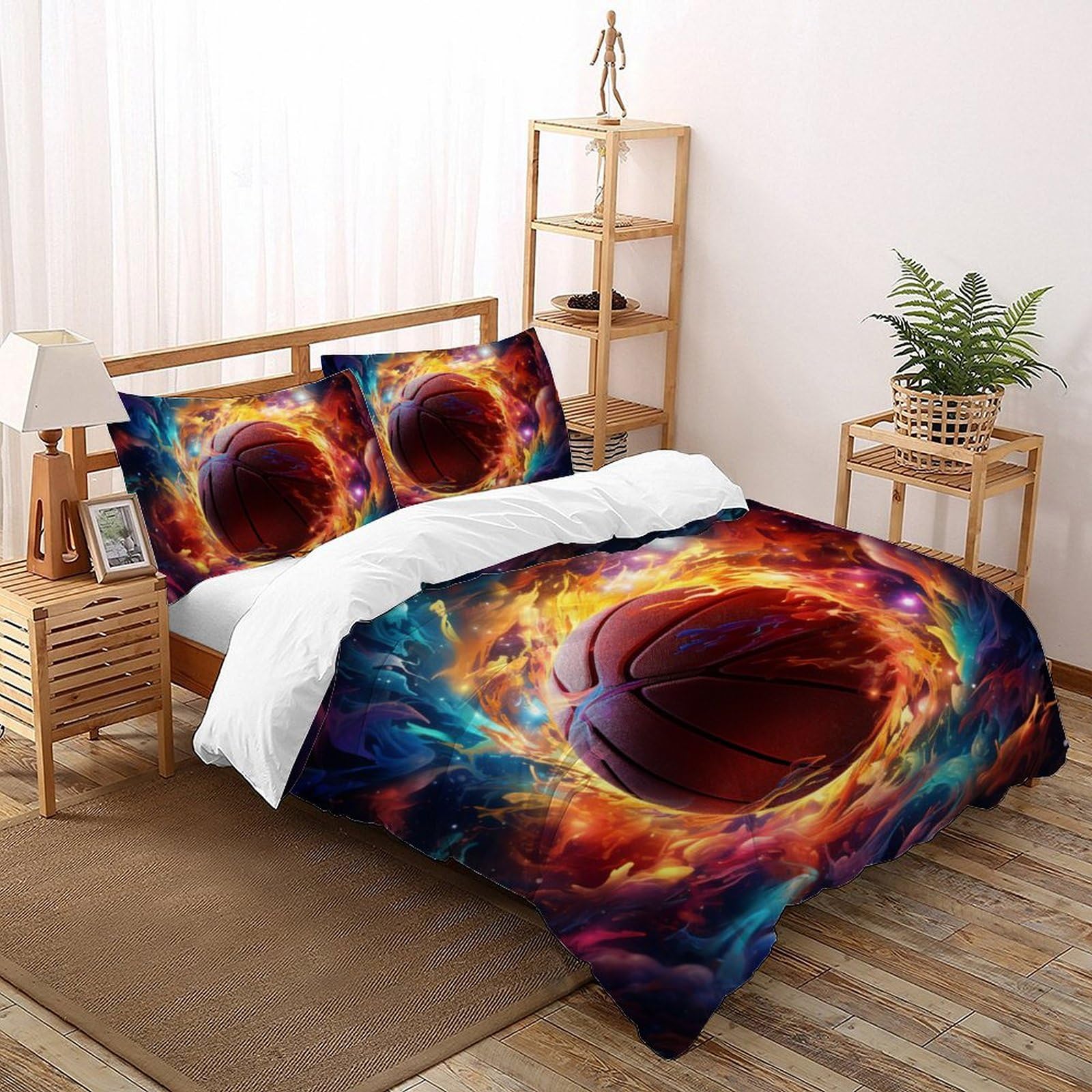 Housse de couette basket-ball 200x200cm avec taies d'oreiller pour lit double enfant et adulte