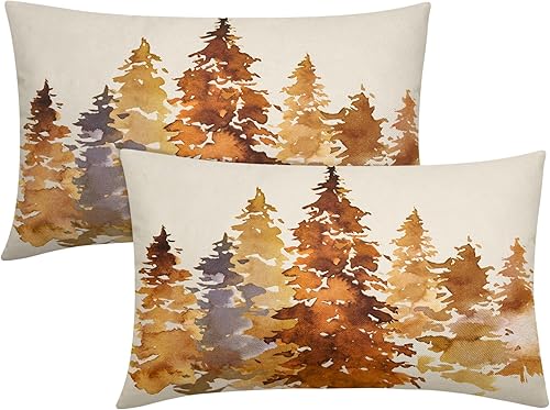 Juego de 2 fundas de almohada lumbar de árbol otoñal naranja quemado de 12 x 20 pulgadas, fundas de almohada rectangulares con temática de otoño en