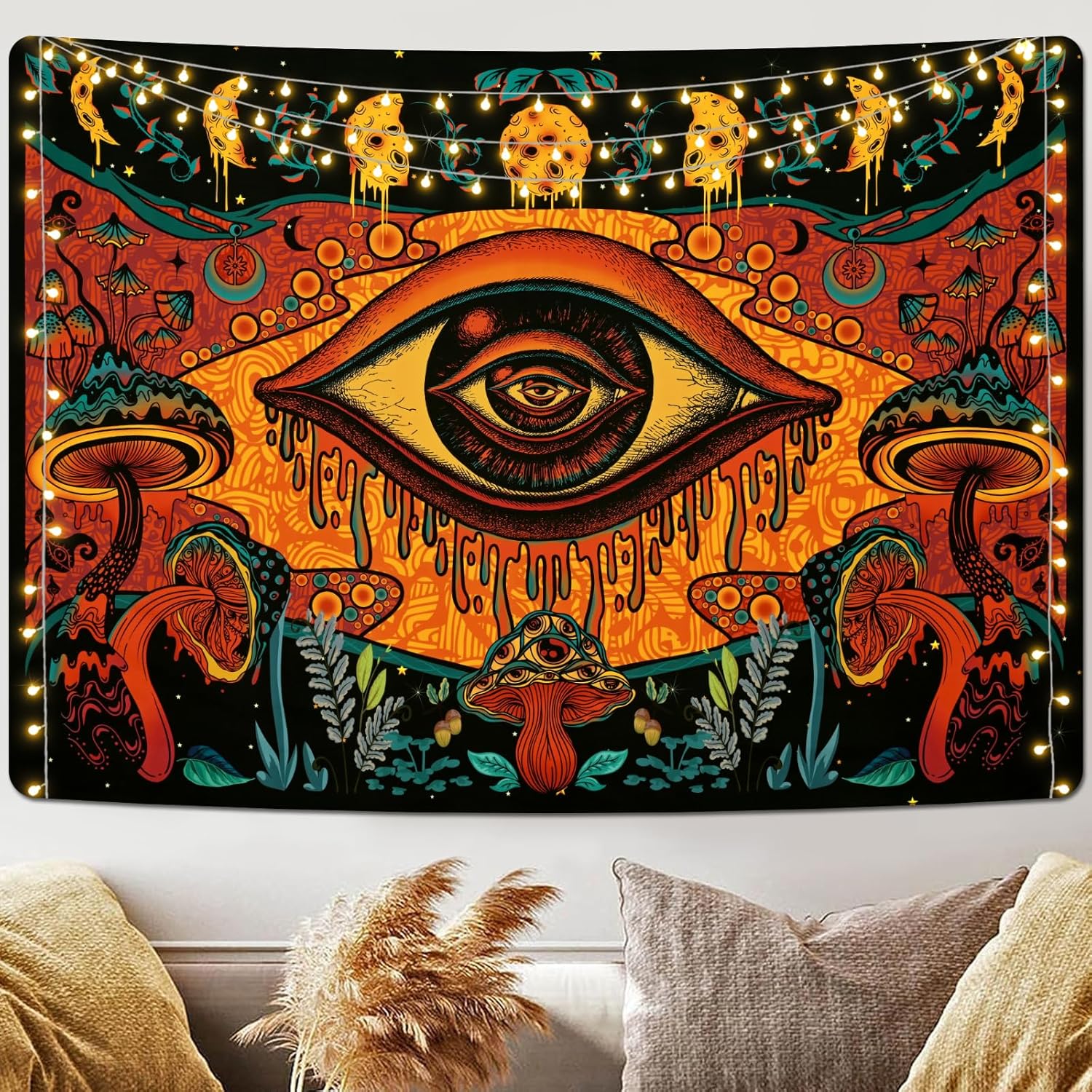 Alishomtll Evil Eye Tapestry Mushroom Tapestry Orange Moon Phases Wall