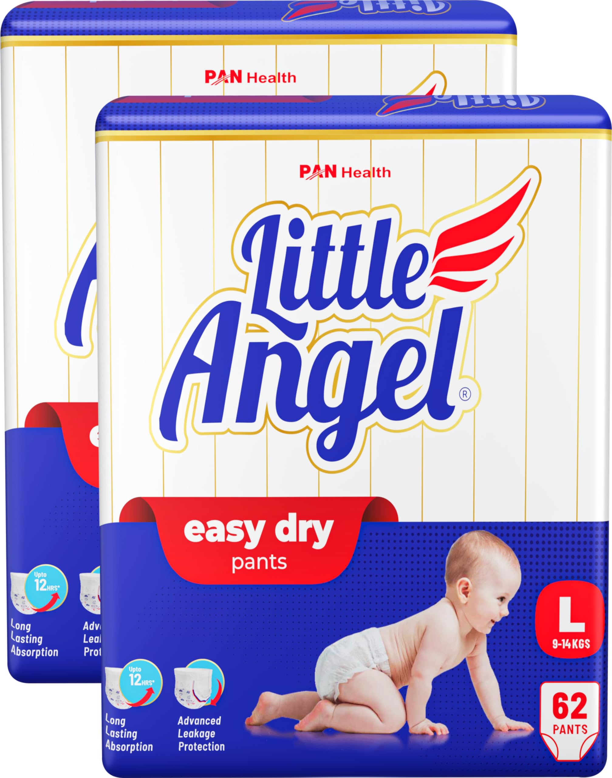 Little Angel Baby Easy Dry Diaper Pants With 12 Hrs Absorption Large (L) Size, 124 Count, Pack Of 2, 9-14 Kgs - L (62 Count, Pack of 2)