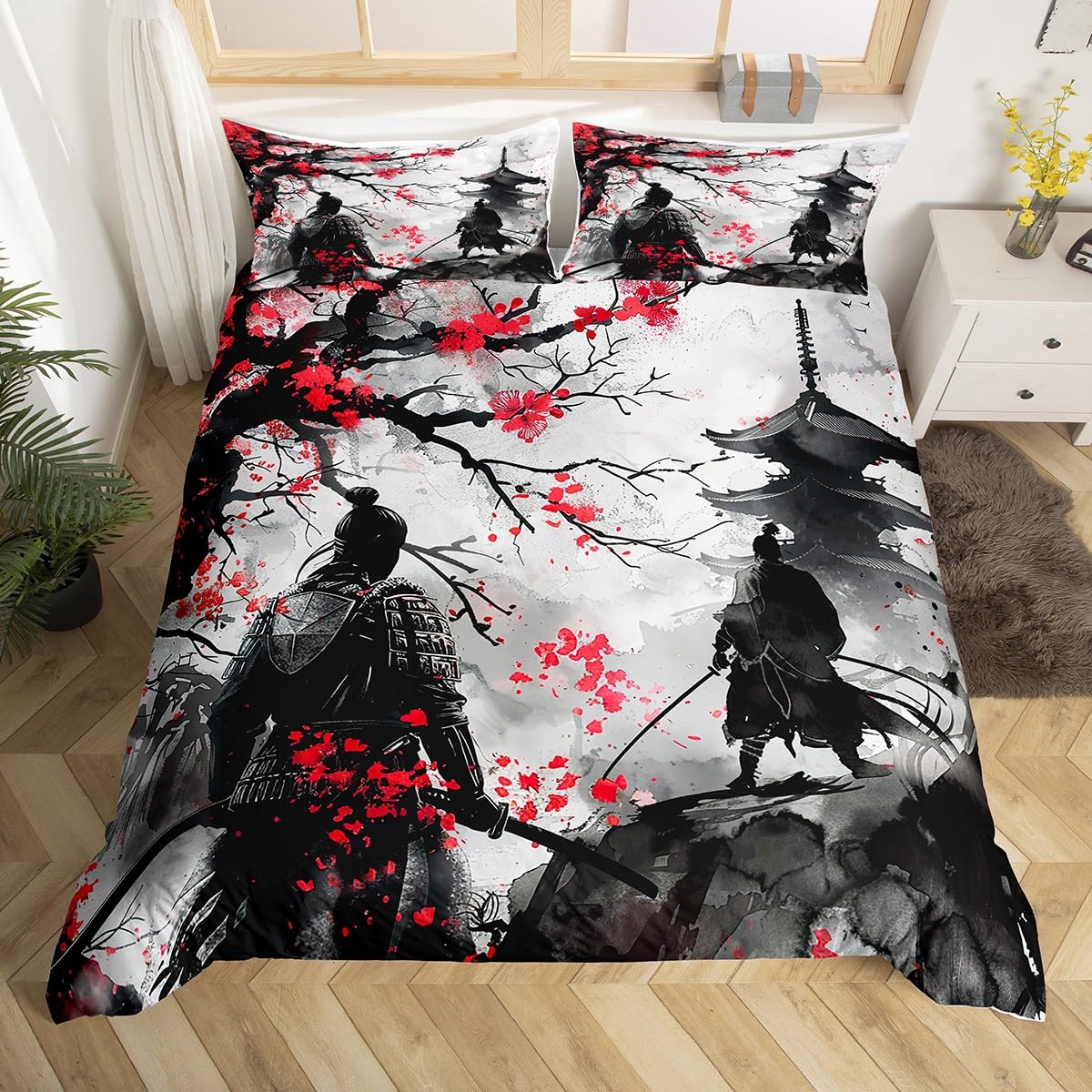 Feelyou Japanese Samurai Bedding Set Twin Size Kids Japanese Ukiyoe Comforter Cover Set for Boys Girls Teens Cherry Blossoms Home Decor Duvet Cover Japanese-Style Bedspread Cover(No Comforter)