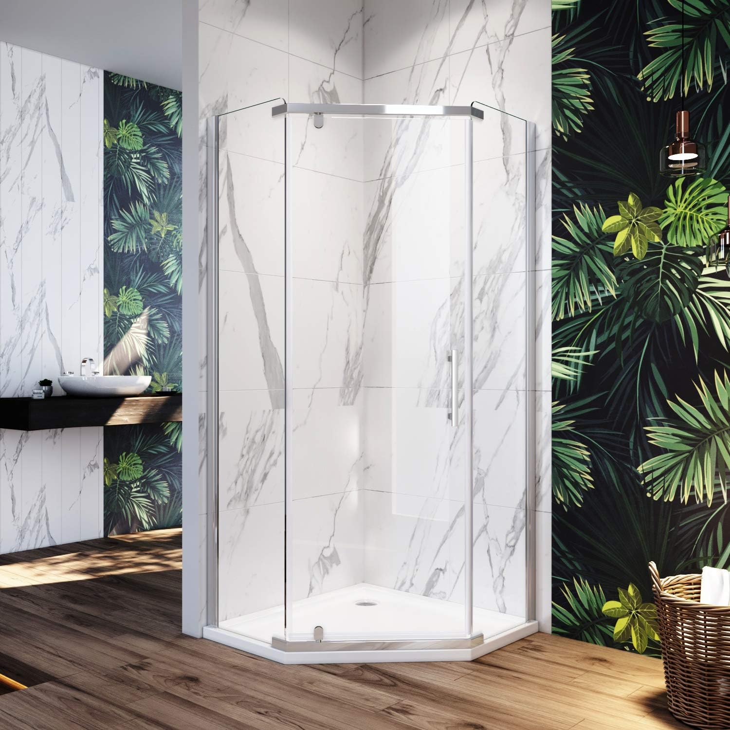 SUNNY SHOWER Neo-Angle Semi-Frameless Shower Enclosures 1/4 in. Clear Glass Pivot Shower Door Chrome Finish, 36.5 in. W x 36.5 in. D x 72 in. H Shower Base Not Included