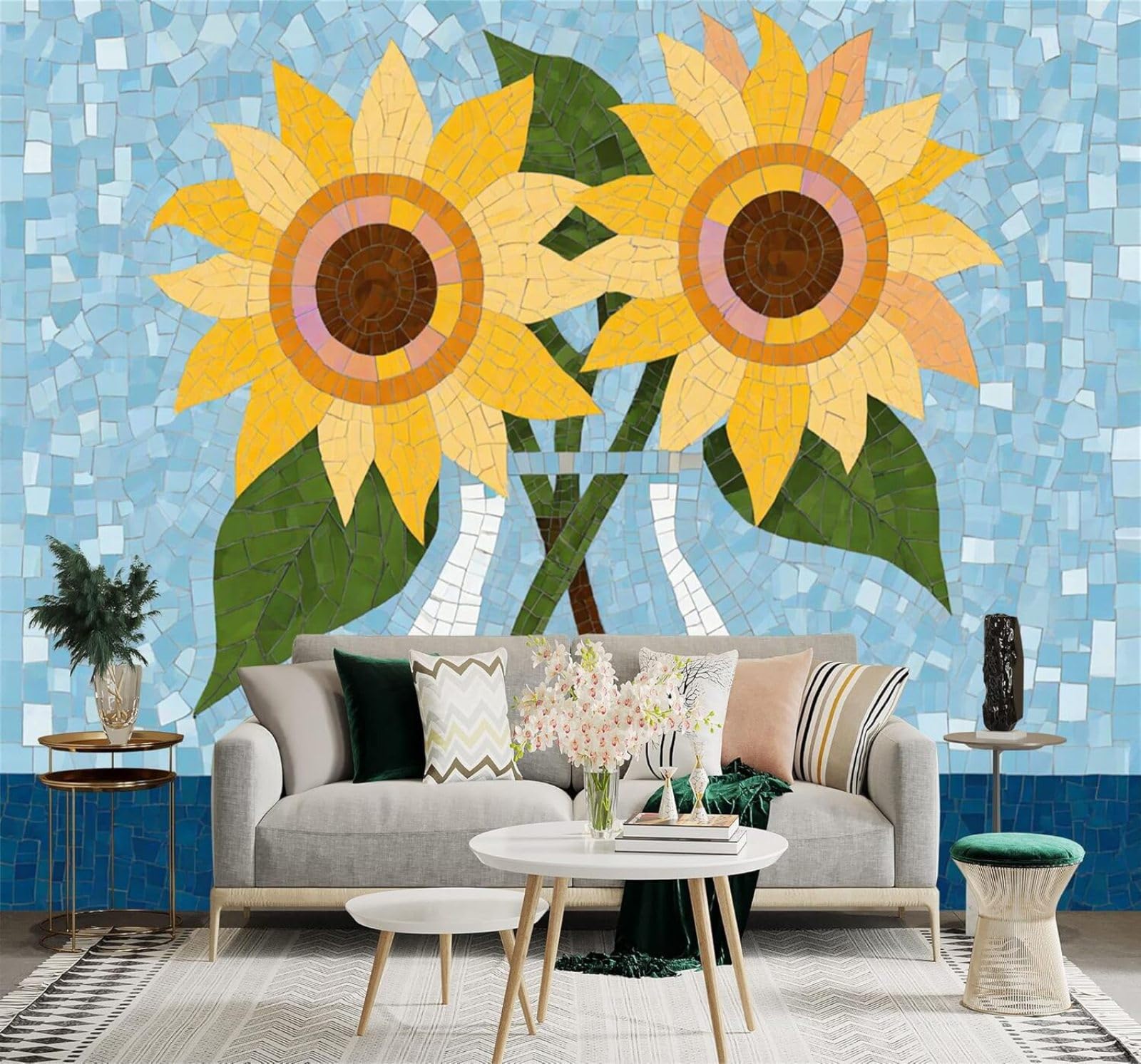 Xlming 350Cm×256Cm(B×H) Abstract Blue Vase Sunflowers Mosaic Style Unique 3D Wallpaper Silky Texture Home Study Office Grey Dining Room Sofa Bedroom Living Room Tv Backdrop-350Cm×256Cm