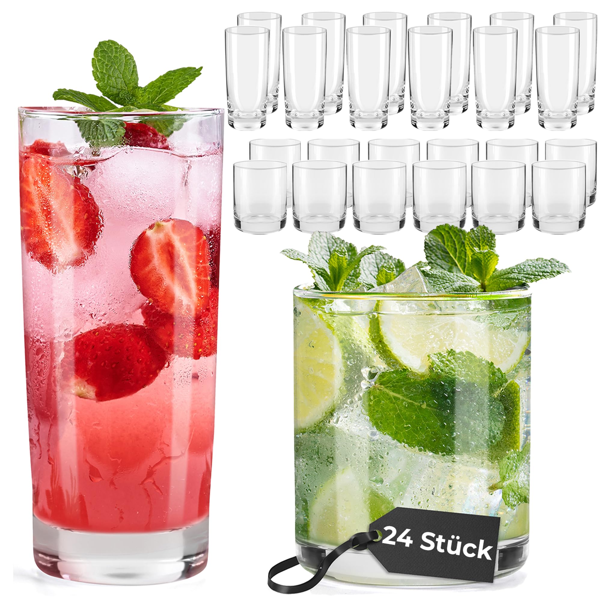 MIAMIO - Trinkgläser Set 24 / Wassergläser in 2 Größen für Wasser & Saft | Gläser Set, 12 kleine (370ml) und 12 große (450ml) Gläser für Wasser, Cocktails, Latte und Saft - spülmaschinenfest im Alltag