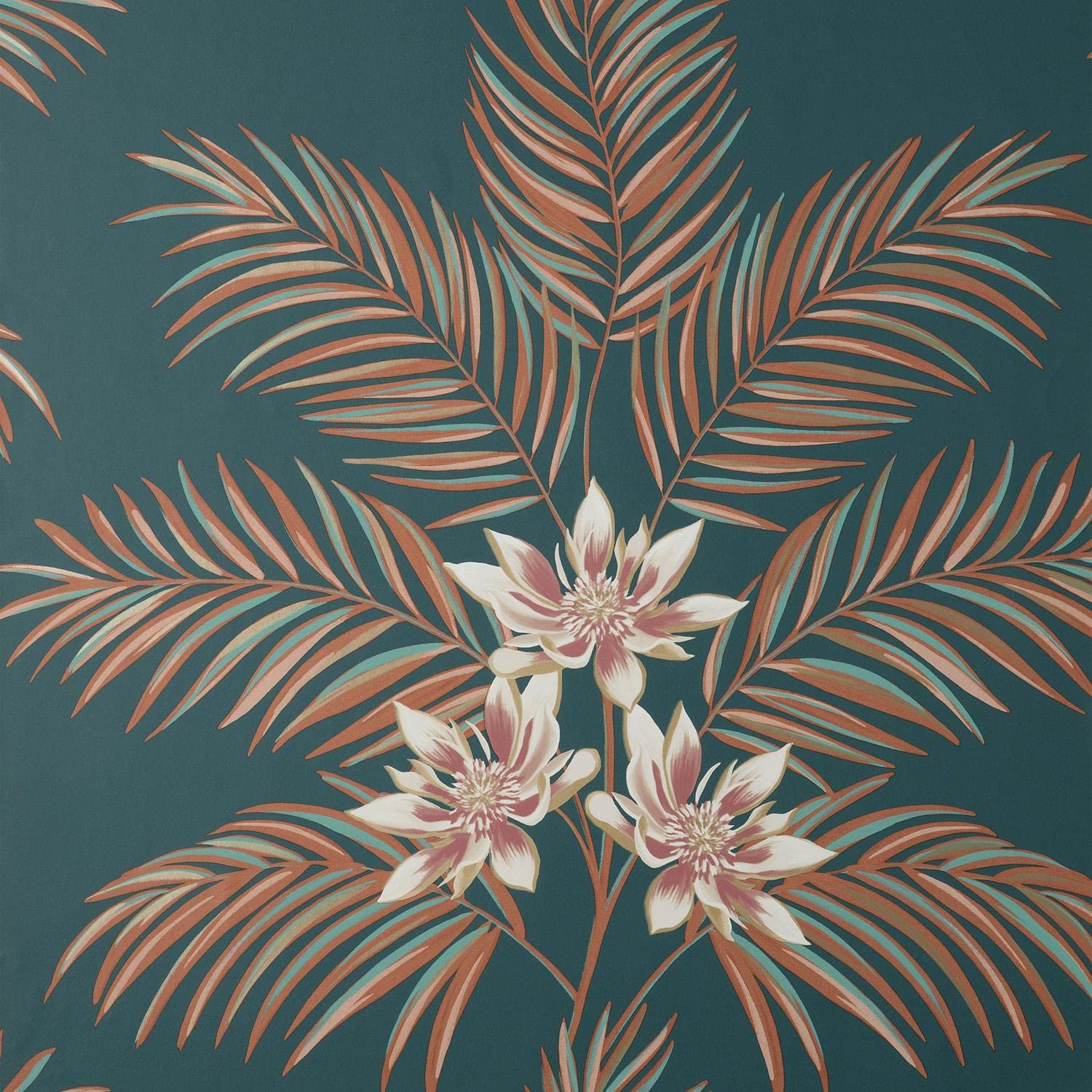Yöl Navy/Orange Bali Floral Leaves Wallpaper Botanical Flowers Modern Contemporary Palm Tropical Metallic Gold