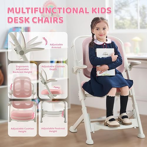 Miniatura 7 de Silla de escritorio ergonómica para niños con respaldo de malla transpirable adaptable, asiento multiajustable y reposabrazos abatibles, silla de