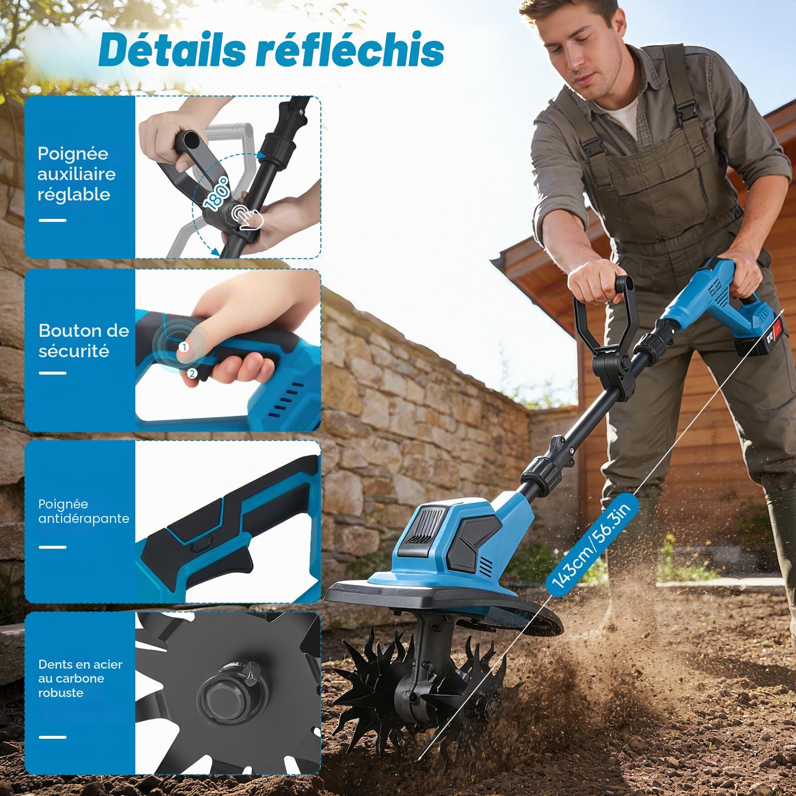 Motobineuse Électrique avec 2 Batteries 4000mAh, Rotavator Jardin sans Fil 360RPM, Motoculteur Portable pour Jardin et Potager, Profondeur 17cm, Largeur 23cm