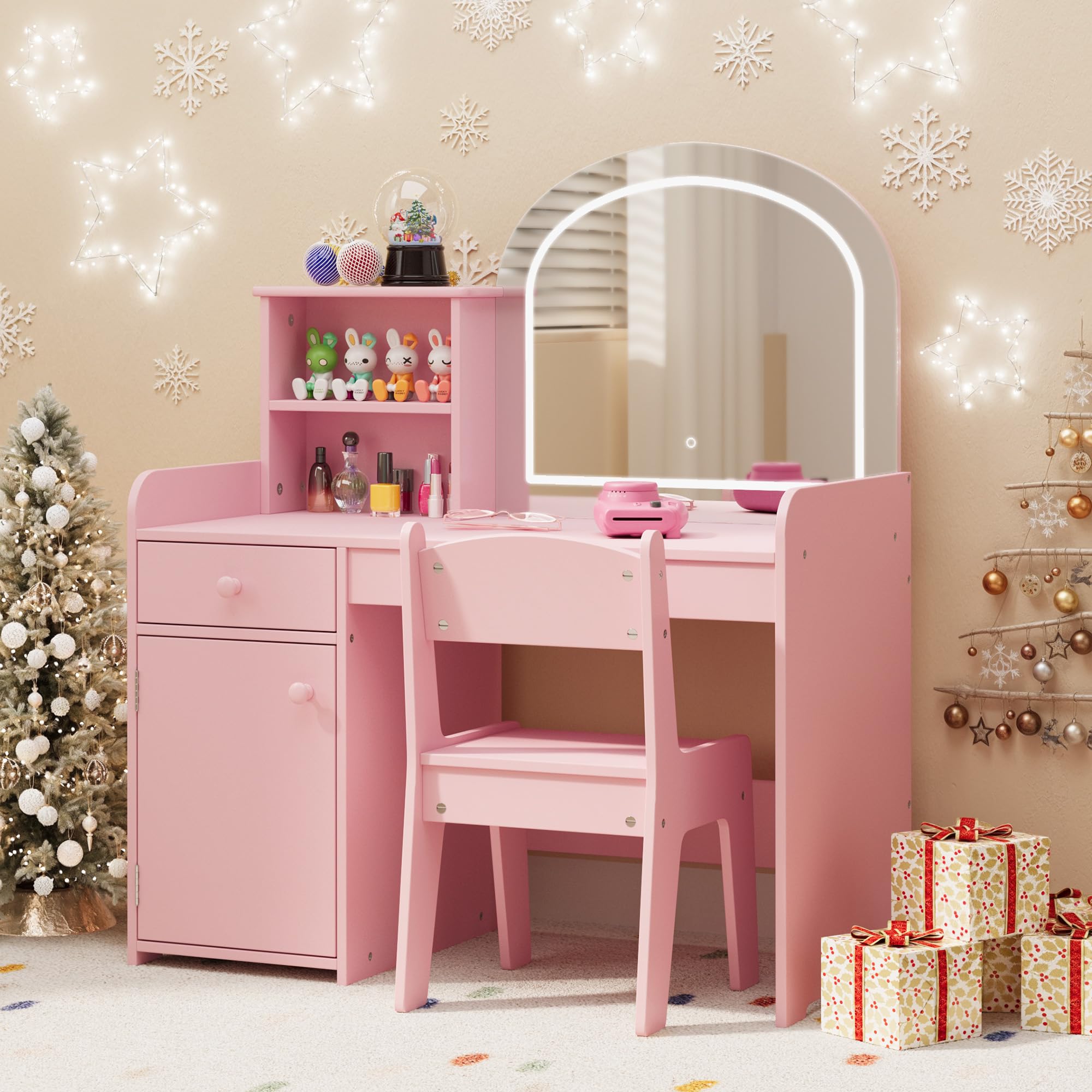Gizoon Escritorio de tocador para niños con espejo y luces, color rosa