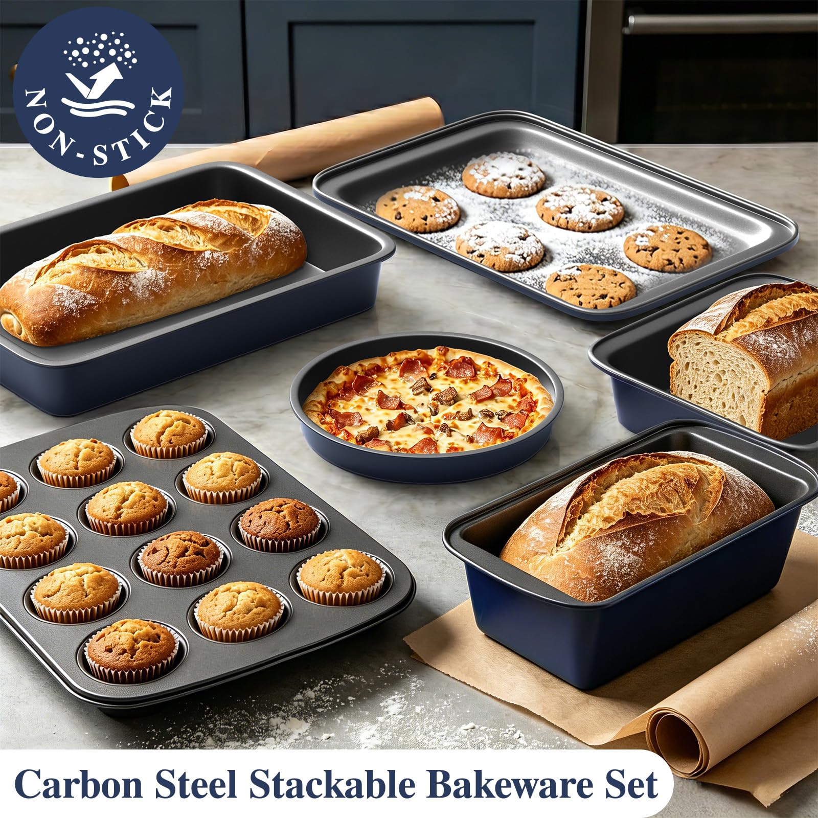 Pots and Pans Set Nonstick, Umite Chef Kitchen Non Stick Induction Cookware & Bakeware Set - 31 PCS Cooking Pans Set with Frying Pans & Utensil, Sturdy & Easy to Clean & PFOA Free (Navy Blue) view 5
