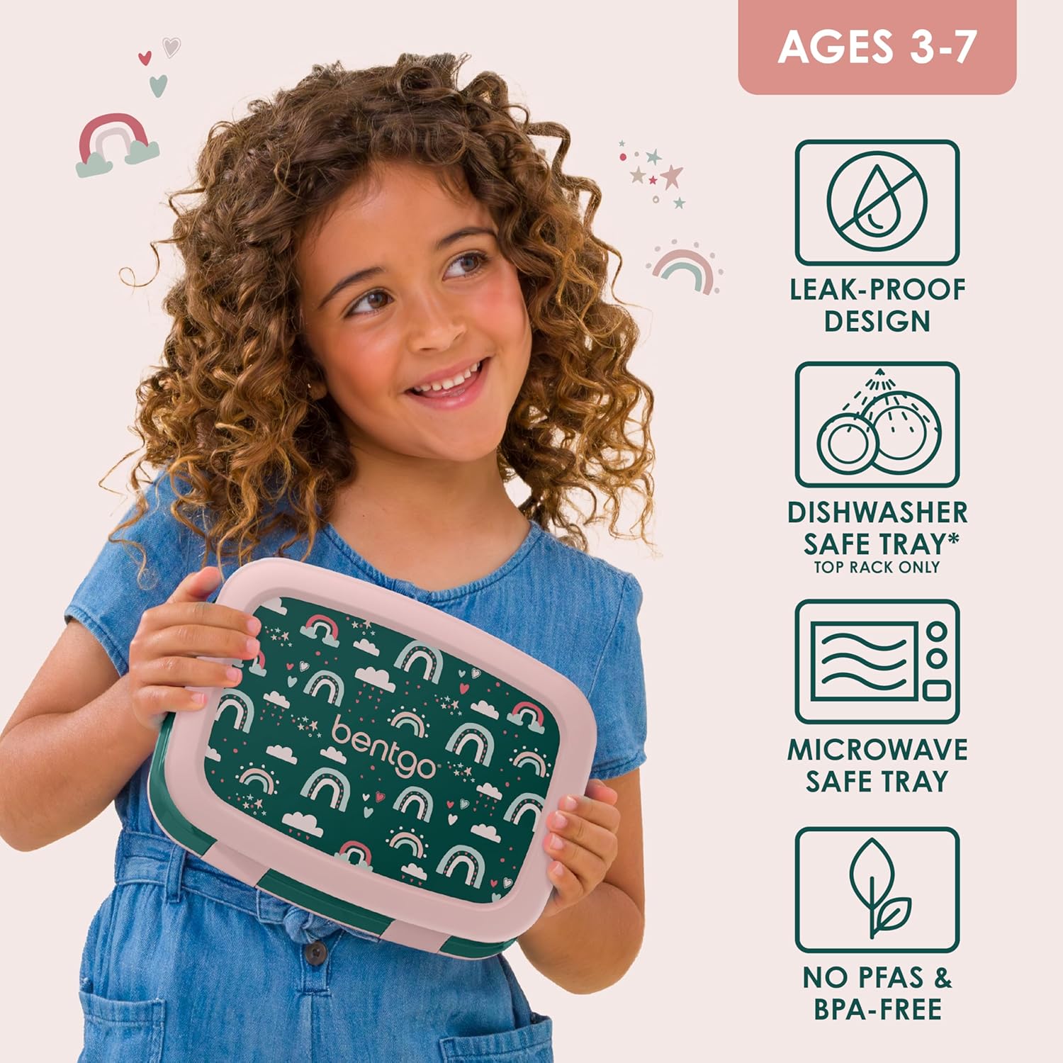 Bentgo Kids Prints Leak-Proof, 5-Compartment Bento-Style Kids Lunch Box - Ideal Portion Sizes for Ages 3-7, Durable, Drop-Proof, Dishwasher Safe, & PFAS & BPA-Free Materials (Green Rainbow) - Image 2