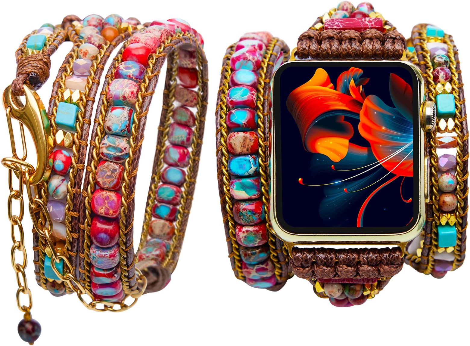 Handmade Boho Watch Band Compatible with Apple Watch 38mm/40mm/41mm/42mm/44mm/45mm,Adjustable Beaded Wrap Watch Strap for Iwatch Series 7/6/5/4/3/2/1/SE (38/40/41mm, Emperor Stone)