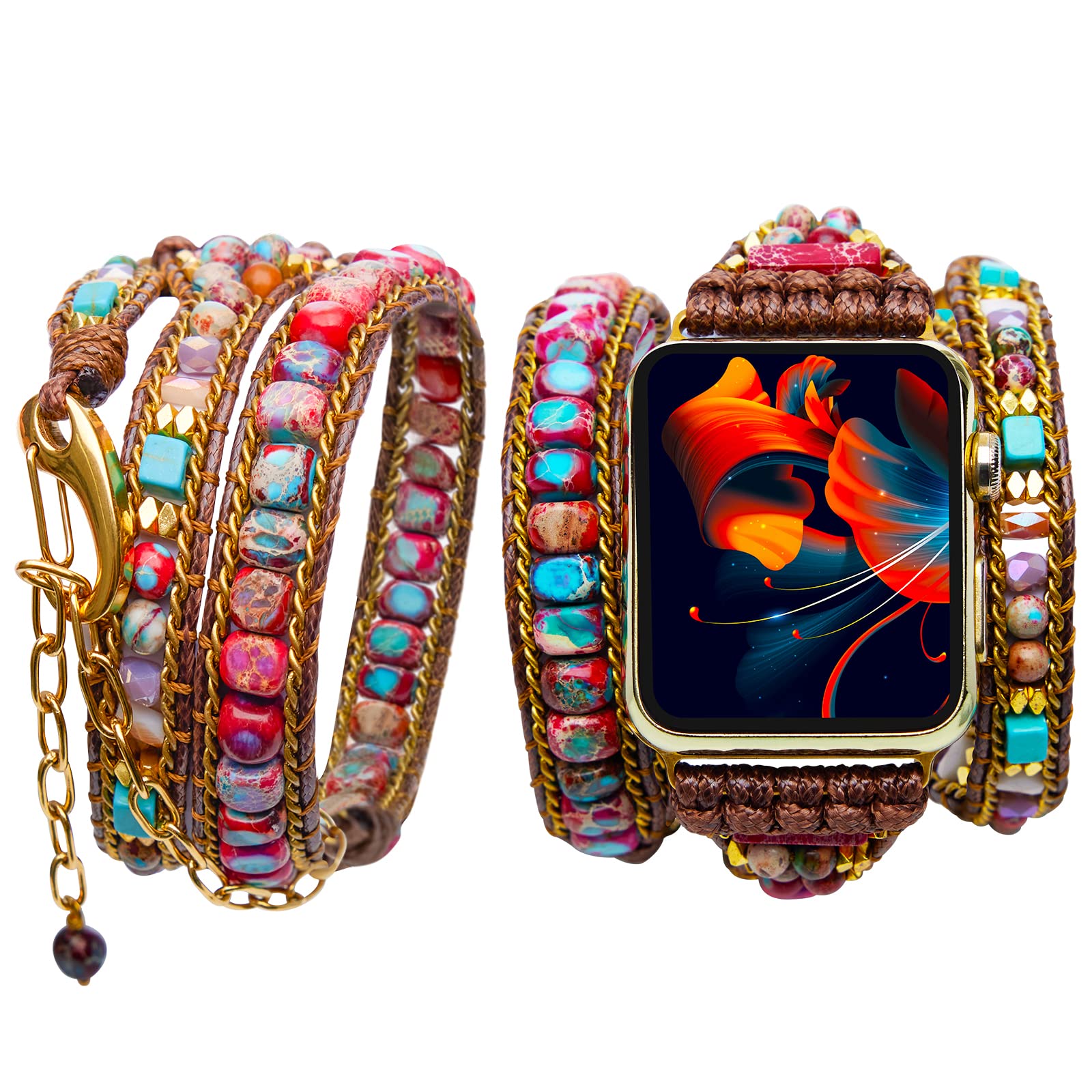 Handmade Boho Watch Band Compatible with Apple Watch 38mm/40mm/41mm/42mm/44mm/45mm,Adjustable Beaded Wrap Watch Strap for Iwatch Series 7/6/5/4/3/2/1/SE (38/40/41mm, Emperor Stone)