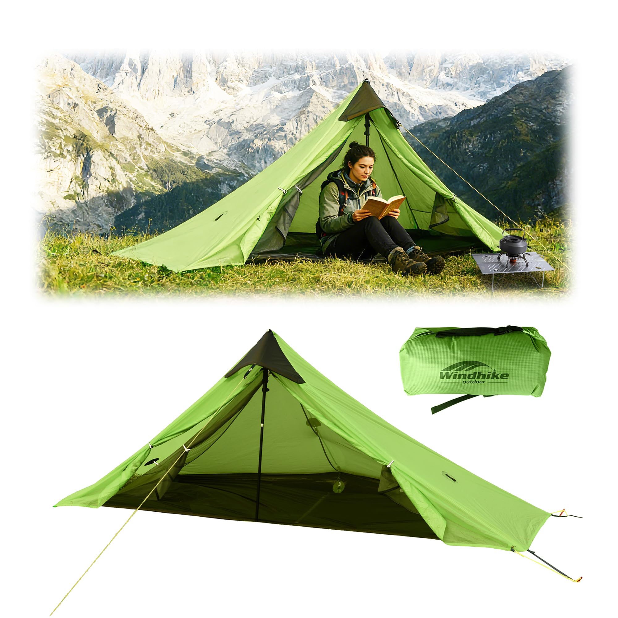 Windhike Tente ultra légère 0,92 kg, sans barres, pour 1 personne, tente de trekking, double couche, facile à monter, bien ventilée, PU 5000 mm imperméable et coupe-vent, pour la randonnée