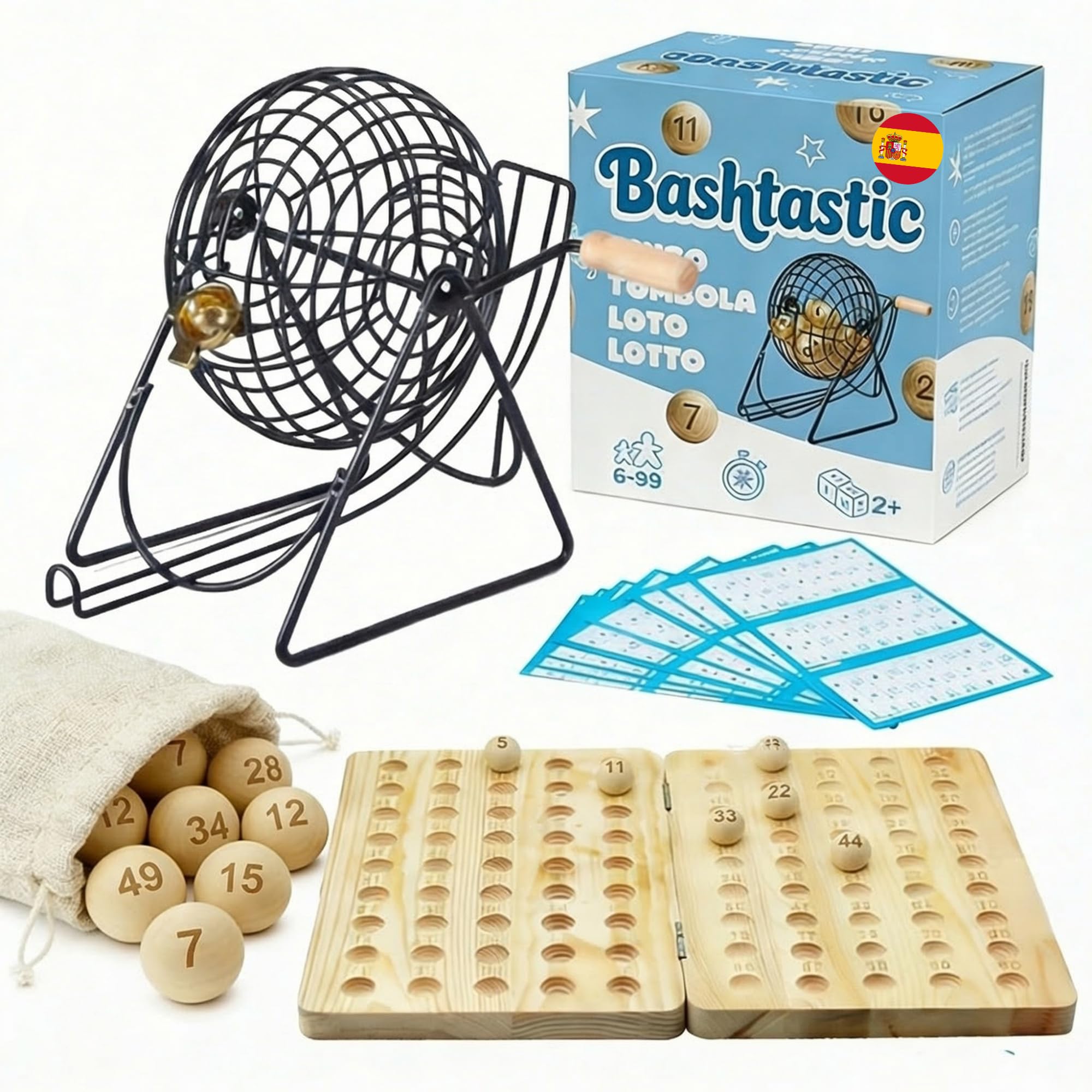 Bingo Juego de Mesa Adulto - Bingo con 102 Cartones Bingo Troquelados para Toda la Familia | 90 Bolas y Tablero de Madera con números Grabados en Laser y Bombo Metálico.