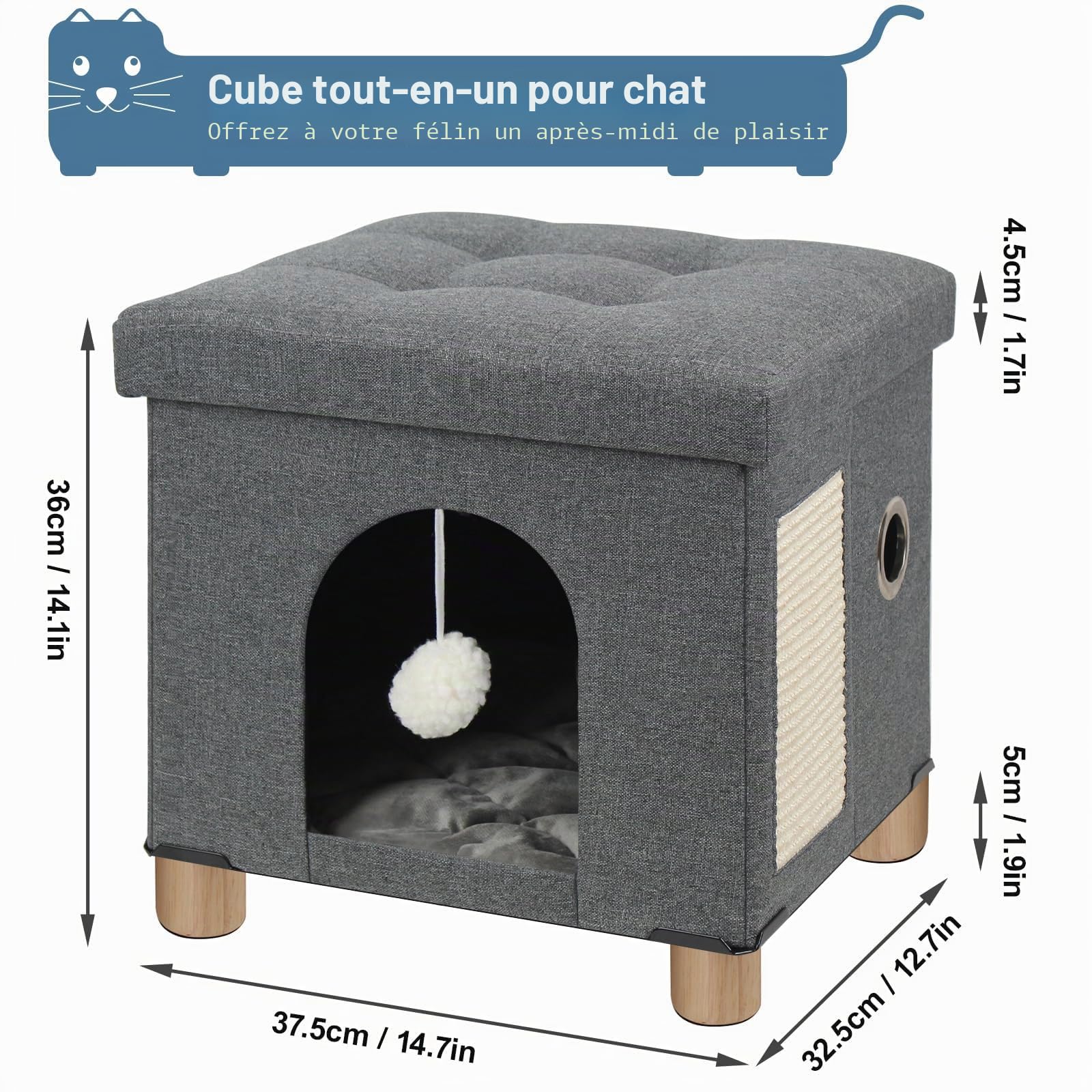 BRIAN & DANY Niche Chat, Pliable Maison pour Chat avec Planche à Grattoir et Balle pour Chats, pour Pouf Coffre de Rangement, 37,5 x 32,5 x 36 cm, Gris