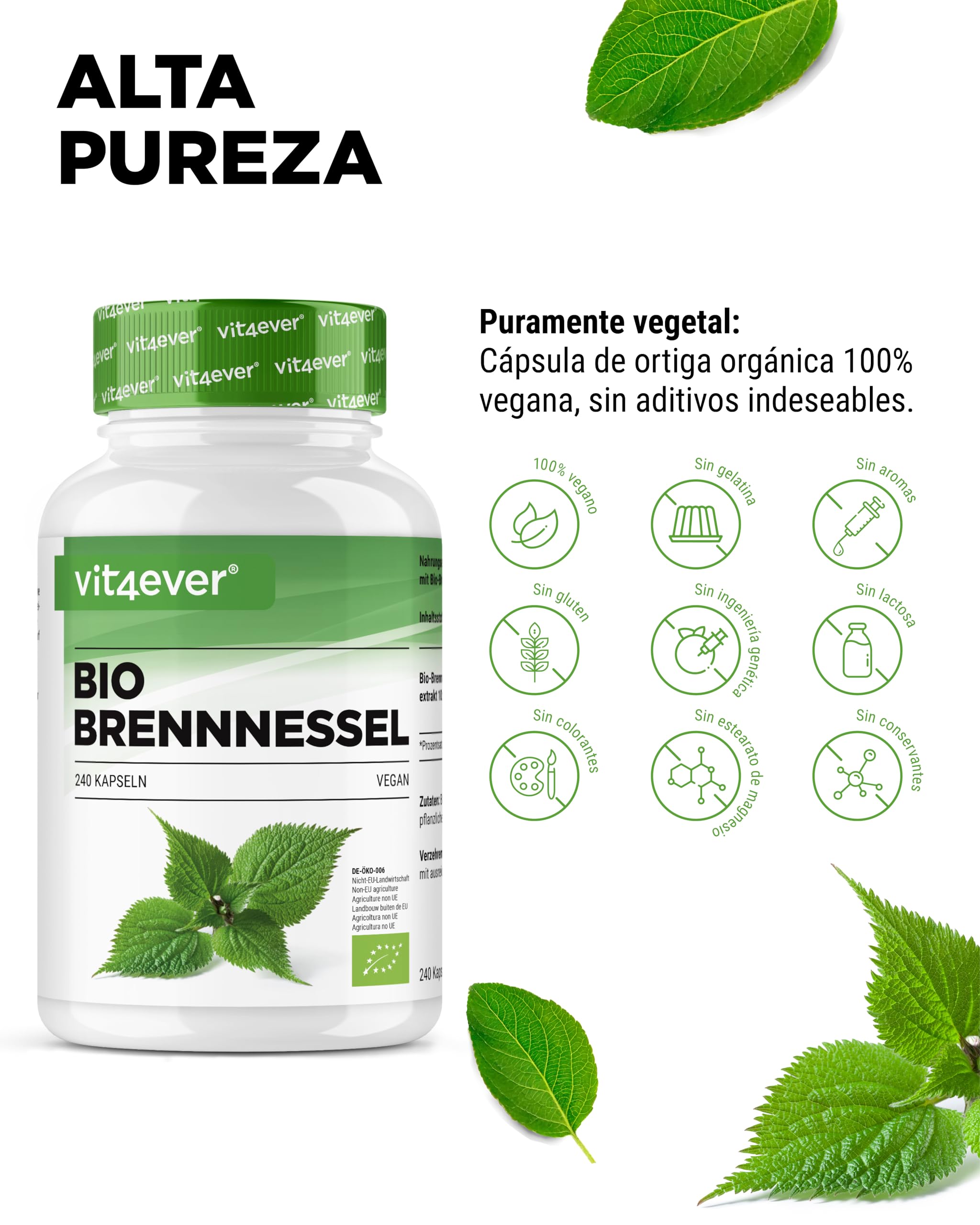 Ortiga orgánica - 240 cápsulas - Altamente dosificado con 1000mg por porción diaria - Extracto de ortiga 10:1 en calidad orgánica certificada - Vegano