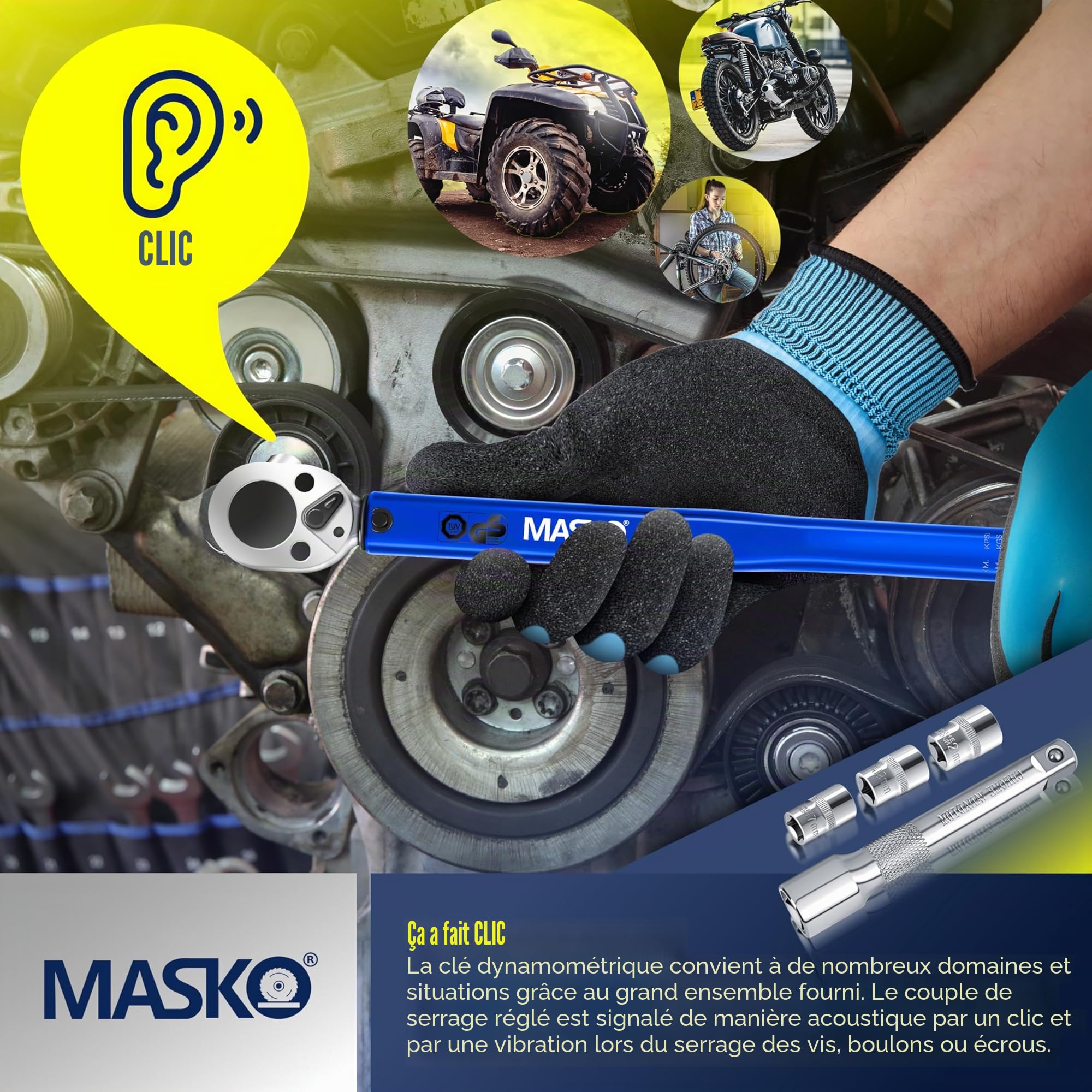 Masko clé dynamométrique 40-210 Nm 1/2" CV avec 3 douilles 17-21 mm et rallonge 125 mm coffret
