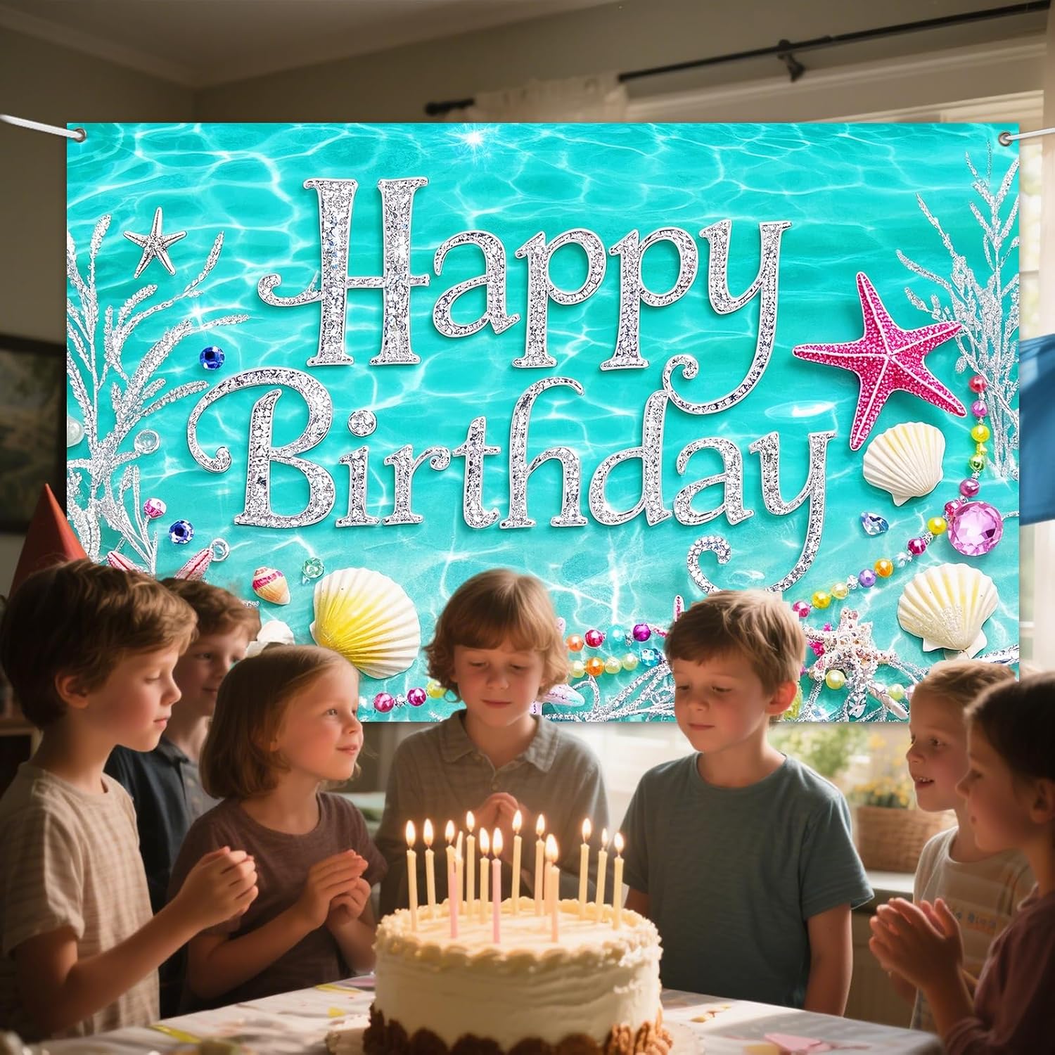 IVN Happy Birthday Backdrop Banner 71x43 Inch Aqua Blue Ocean Theme Birthday Party Decorations Photography Background Photo Booth Props for Women Girls - Image 6