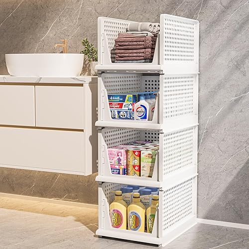 Miniatura 3 de Cesta de almacenamiento de plástico apilable para armario (4 unidades, color blanco, 4L)