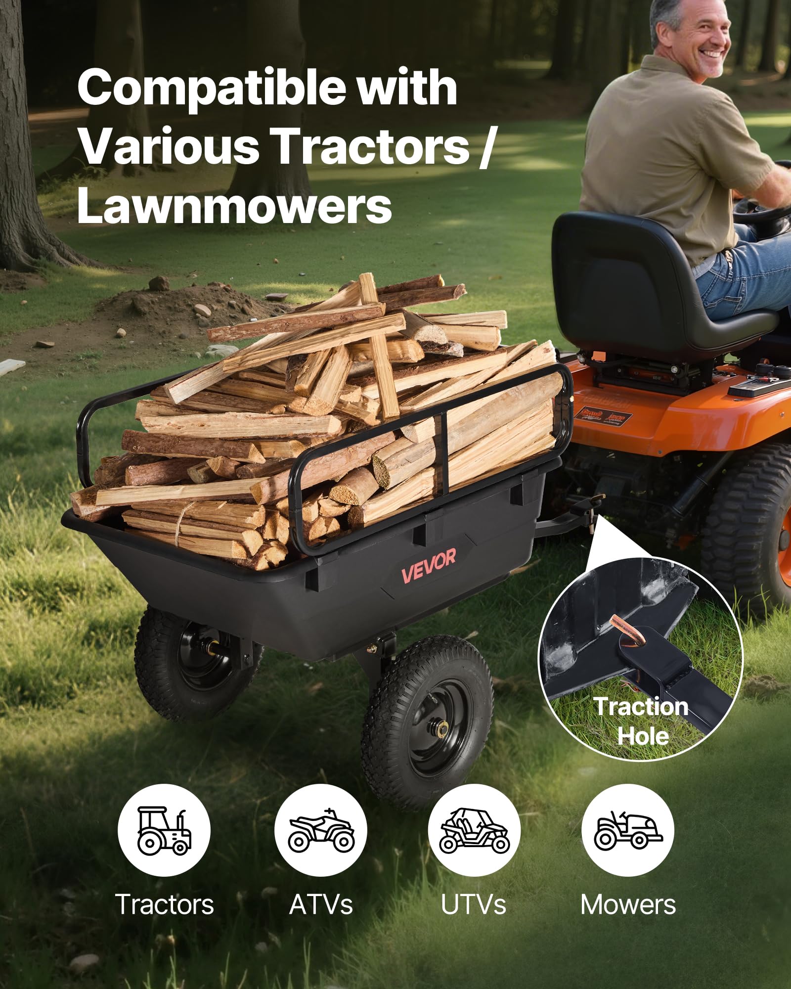 VEVOR Remorque à Benne Basculante, 283 L, Remorque de Tracteur Tondeuse à Gazon Jardin Polyéthylène, Capacité de Charge 226,8 kg, avec Pneus 40,64 cm, Chariot de Transport à Déversement pour VTT, UTV